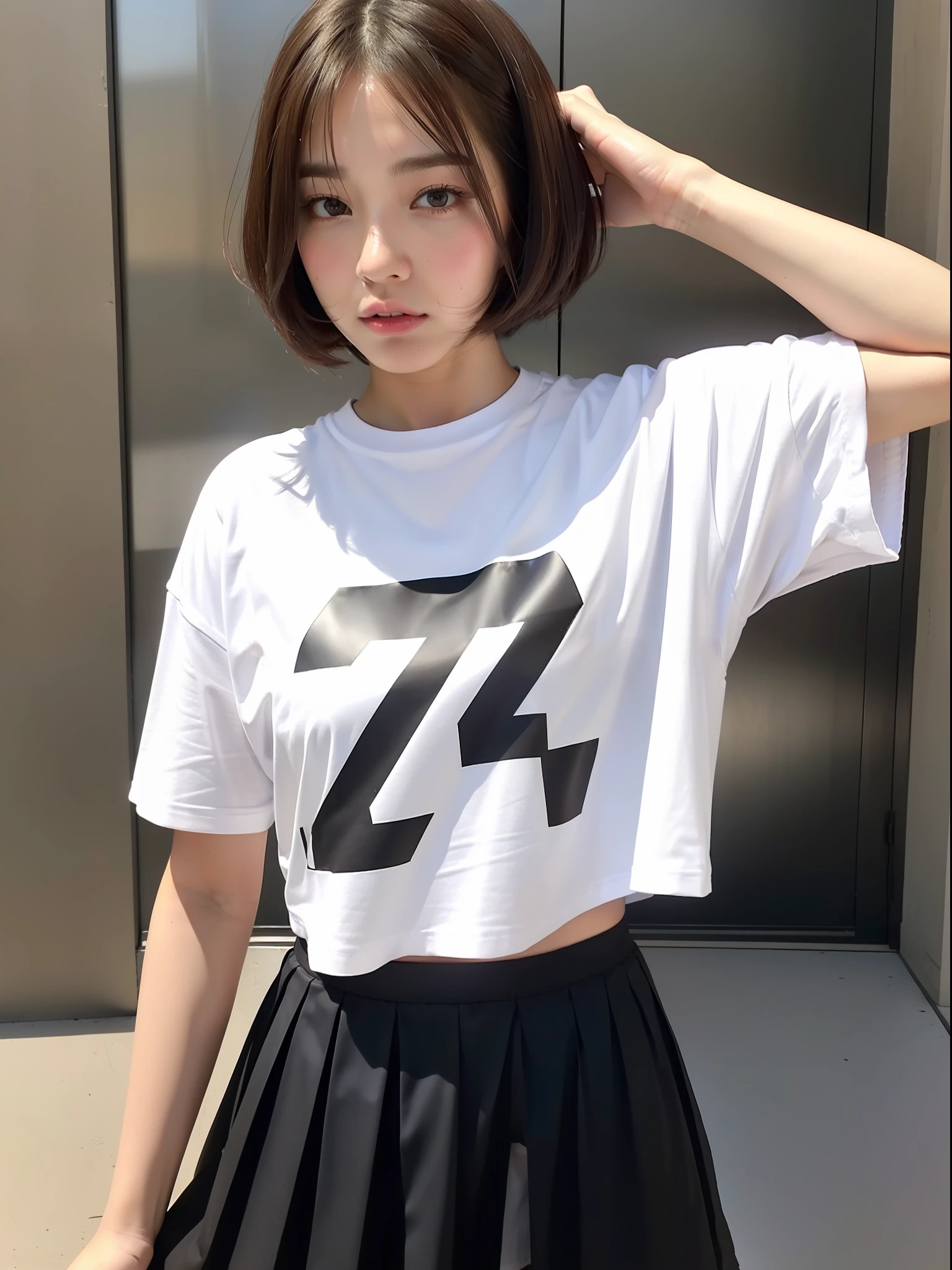 (8k:1.27), (best quality, masterpiece, super high definition:1.2), realistic, (1 girl:1.8), (solo:1.8), (night:1.2), Instagram photos, street snaps, high school students, cute Japan women pictures (beautiful:1.1), t-shirts, oversized t-shirts, (big t-shirts: 2), black t-shirts, photo t-shirts, Heavyweight T-shirt, whitening skin, short hair, short hair, Japan streetwear, wearing oversized t-shirt, brown hair, pleated skirt, she is looking down, hiding face