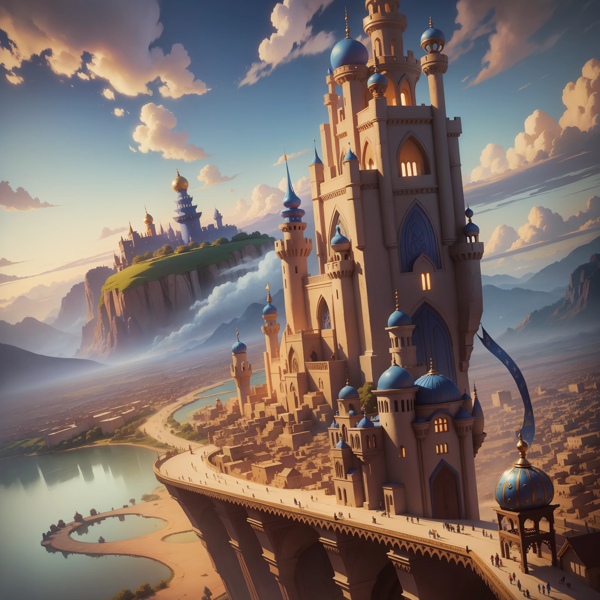 Aladdin Disney tale character, flying on the carpet over the city of a thousand and one wonders, beautiful enchanted scenery, excellent quality, rich in detail, hd --auto --s2