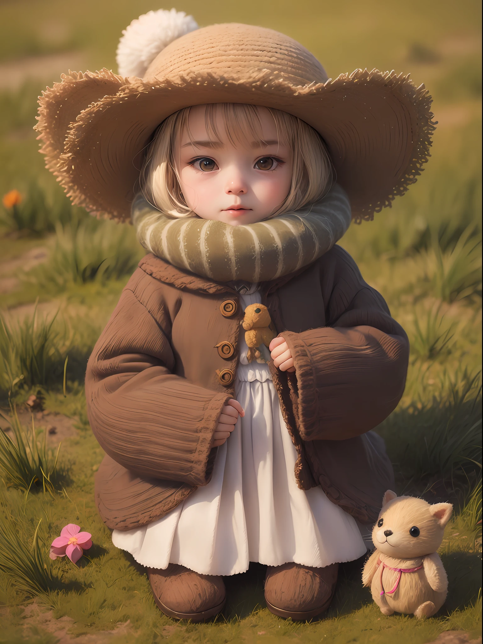 A knitted toy, a small anthropomorphic animal, in a hat and old clothes of the 17th century, macro photography in thick grass, dew drops reflecting the environment, super detailed toy, you can see every wool on the toy, you can see every shrvcik on the clothes, dragging all your things on itself, a cute animal, a cute toy,