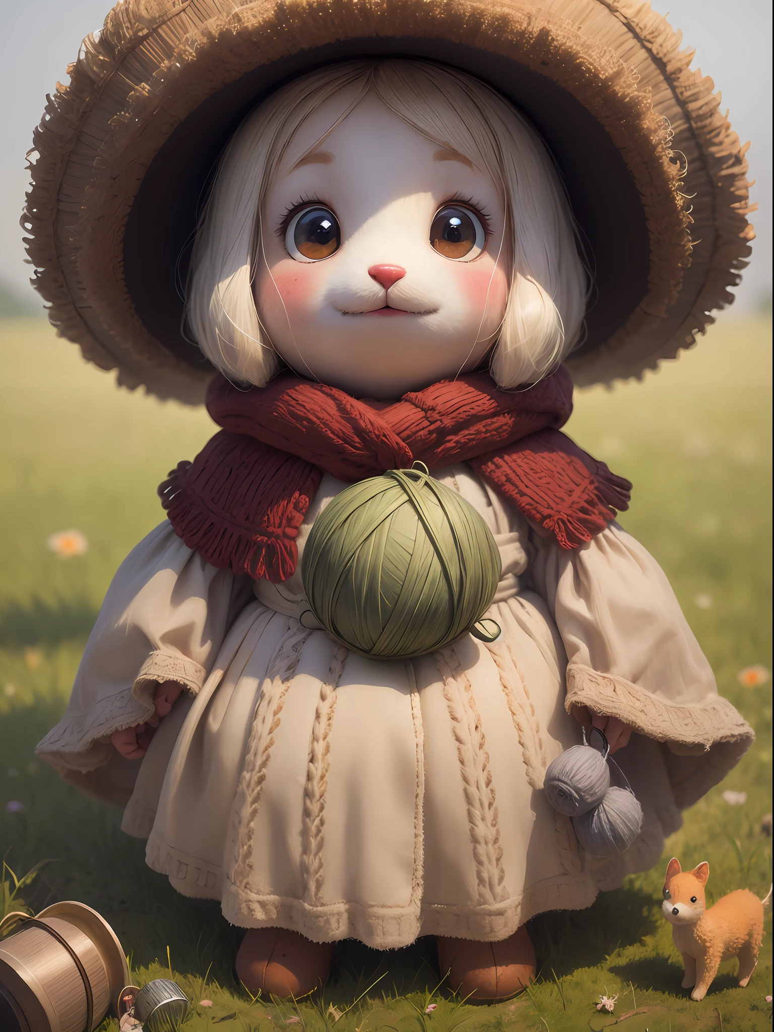 A knitted toy, a small anthropomorphic animal, in a hat and old clothes of the 17th century, macro photography in thick grass, dew drops reflecting the environment, super detailed toy, you can see every wool on the toy, you can see every shrvcik on the clothes, dragging all your things on itself, a cute animal, a cute toy,