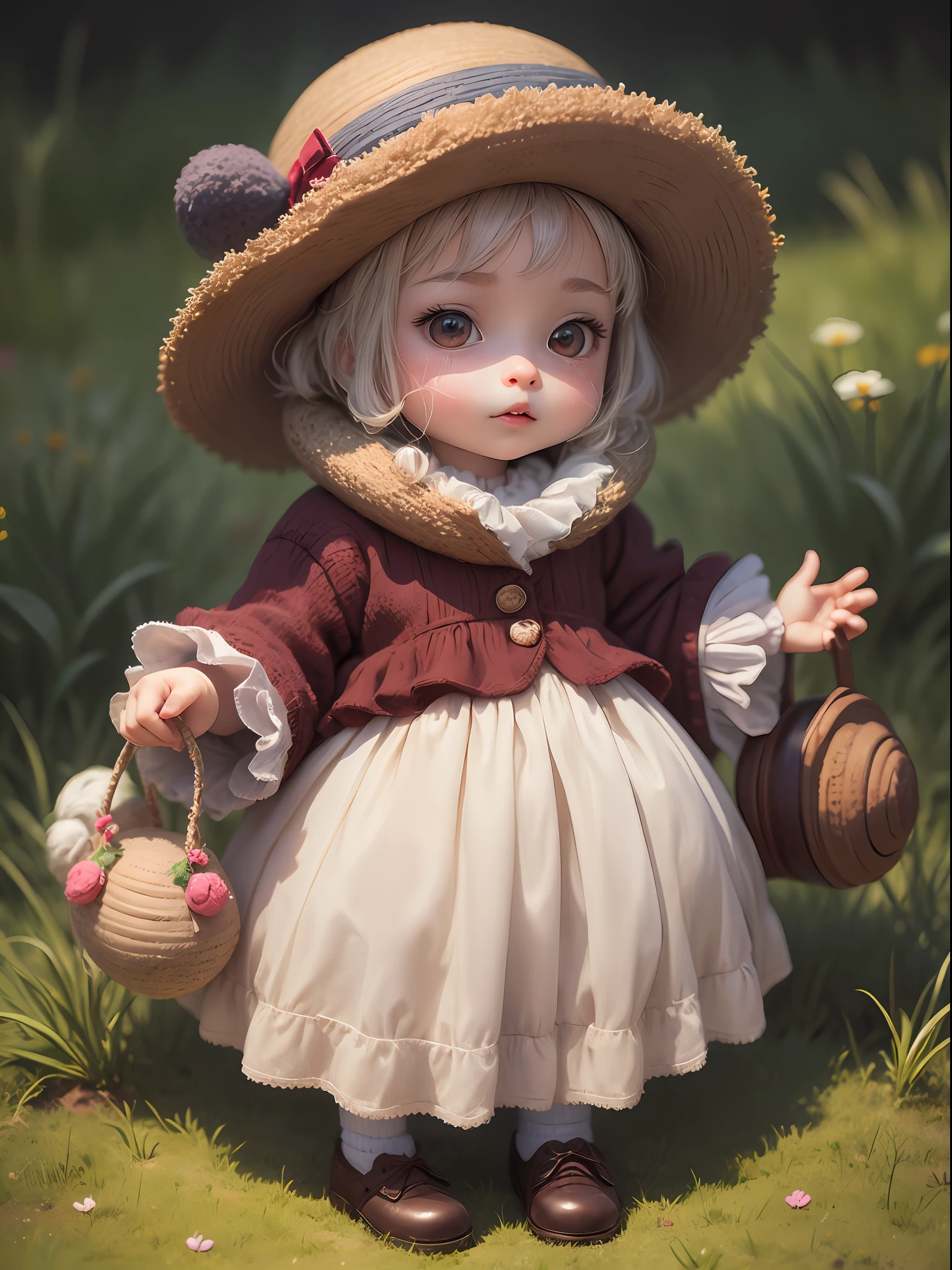 A knitted toy, a small anthropomorphic animal, in a hat and old clothes of the 17th century, macro photography in thick grass, dew drops reflecting the environment, super detailed toy, you can see every wool on the toy, you can see every shrvcik on the clothes, dragging all your things on itself, a cute animal, a cute toy,