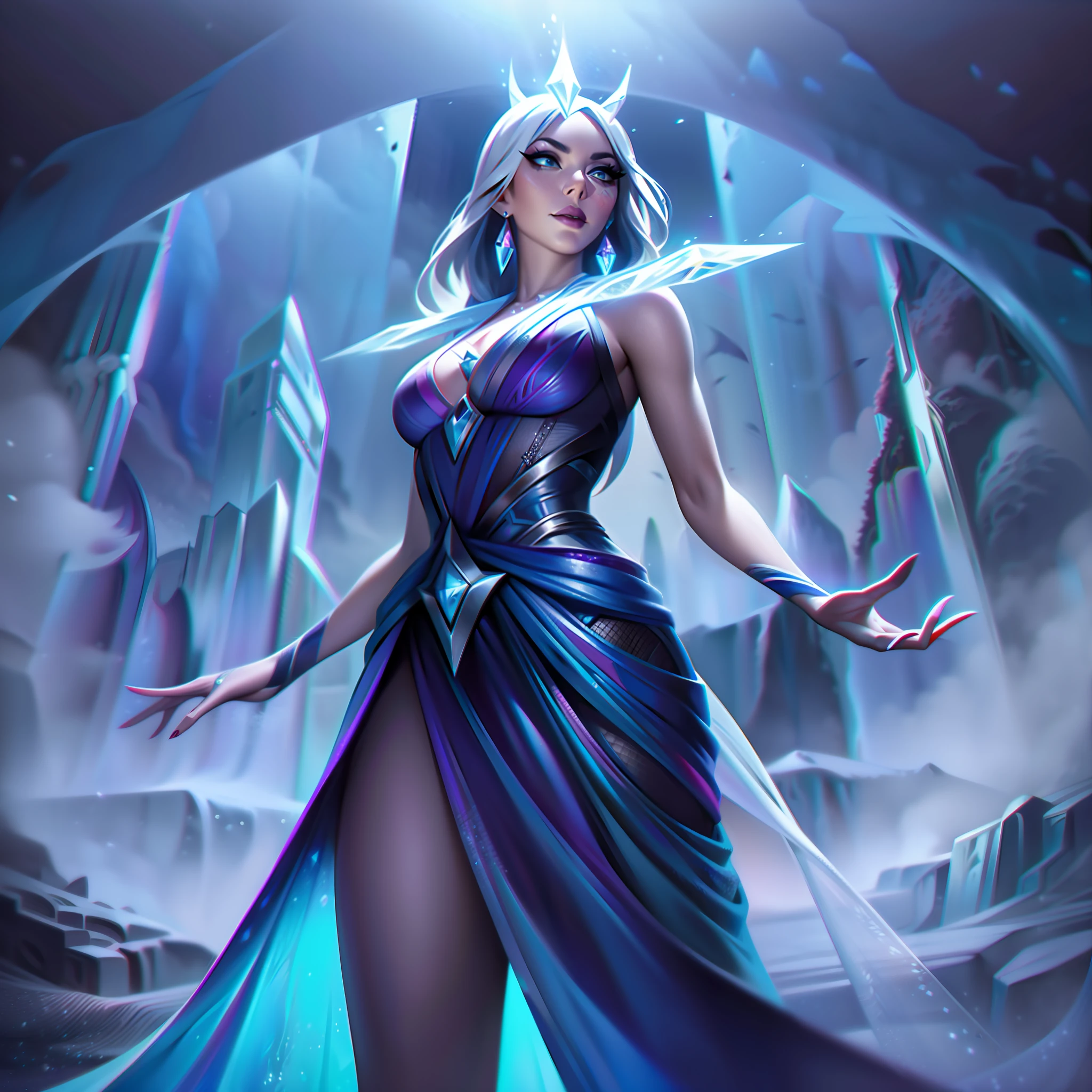 Ashe from League of Legends with a purple floral dress with ice crystals sticking out from underneath and a see-through tulle on top showing a confident pose and an evil feature with an arch behind and a landscape of an icy volcano with mists and mystical powder cinematically laid, body lines, vibrant colours, exquisite details, cinematic,  artstation, detailed face, by rossdraws, by Kienan Lafferty