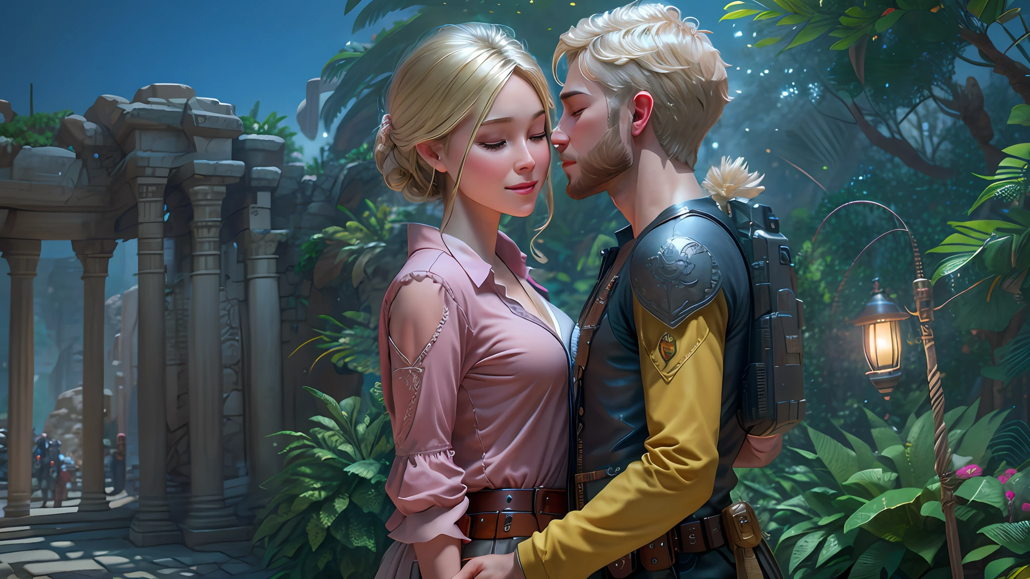 1 blonde smiling girl, 1 brunet man with beard in pink shirt, closed eyes, kiss on the cheek, jungle background, ancient ruins, (male and female), (masterpiece:1.2, best quality), dynamic lighting, (correct anatomy), a high resolution, (beautiful detailed faces), (detailed 8k wallpaper, masterpiece, best quality, best shadow), (detailed background), Photoshoot, Depth of Field, Blur Effect, F/22, 2.5D, Full-HD, (Unreal Engine), (Artstation), Rim Lighting, Studio Lighting, Anti-Aliasing