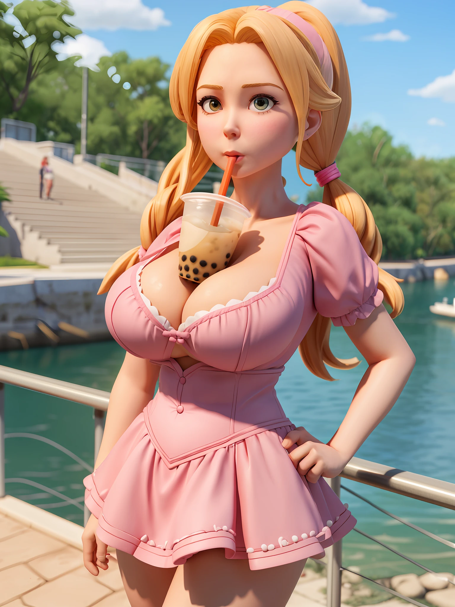 a realistic 3d rendering of busty ravishing (((submissive))) (Nicole Kidman) wearing a pink-bra + short schoolgirl white-skirt, standing on a bridge by the river, (making eye contact with viewer), cute braided twintails hairstyle, ((hires)) textures, (((superlative detail))), (cleavage), seductive, (detailed face), (facial clarity), (detailed eyes), DSLS, boobatea, (with a cup of bubble tea on her boobs), (lips on the straw), drinking through the straw, digital art, 3d concept art, trending on cgsociety, trending on artstation, by artgerm + J. Scott Campbell + Al Capp + Greg Rutkowski, unreal engine 5 rendering, intricate detail,digitally enhanced,global illumination,ray traced,UHD, 8K, ((massive cleavage)), ((gigantic breasts)), bursting breasts