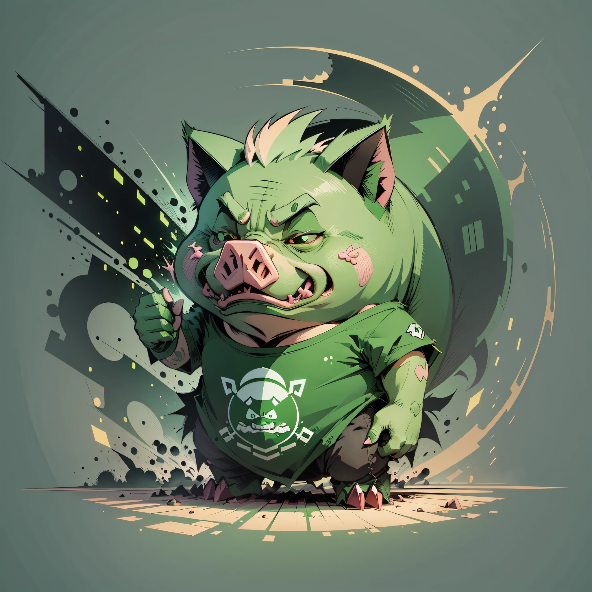 green angry pig , metal style, t-shirt design, 2d, vector, flat --auto --s2