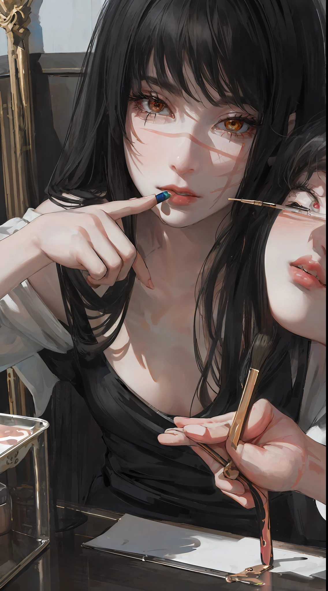 photorealistic, lip gloss, painting, realistic, best quality, ultra high resolution, depth, pastel color, natural shading, focus on the face, just the face, looking at the viewer, long hair, black hair, brown and well-detailed eyes, black clothing