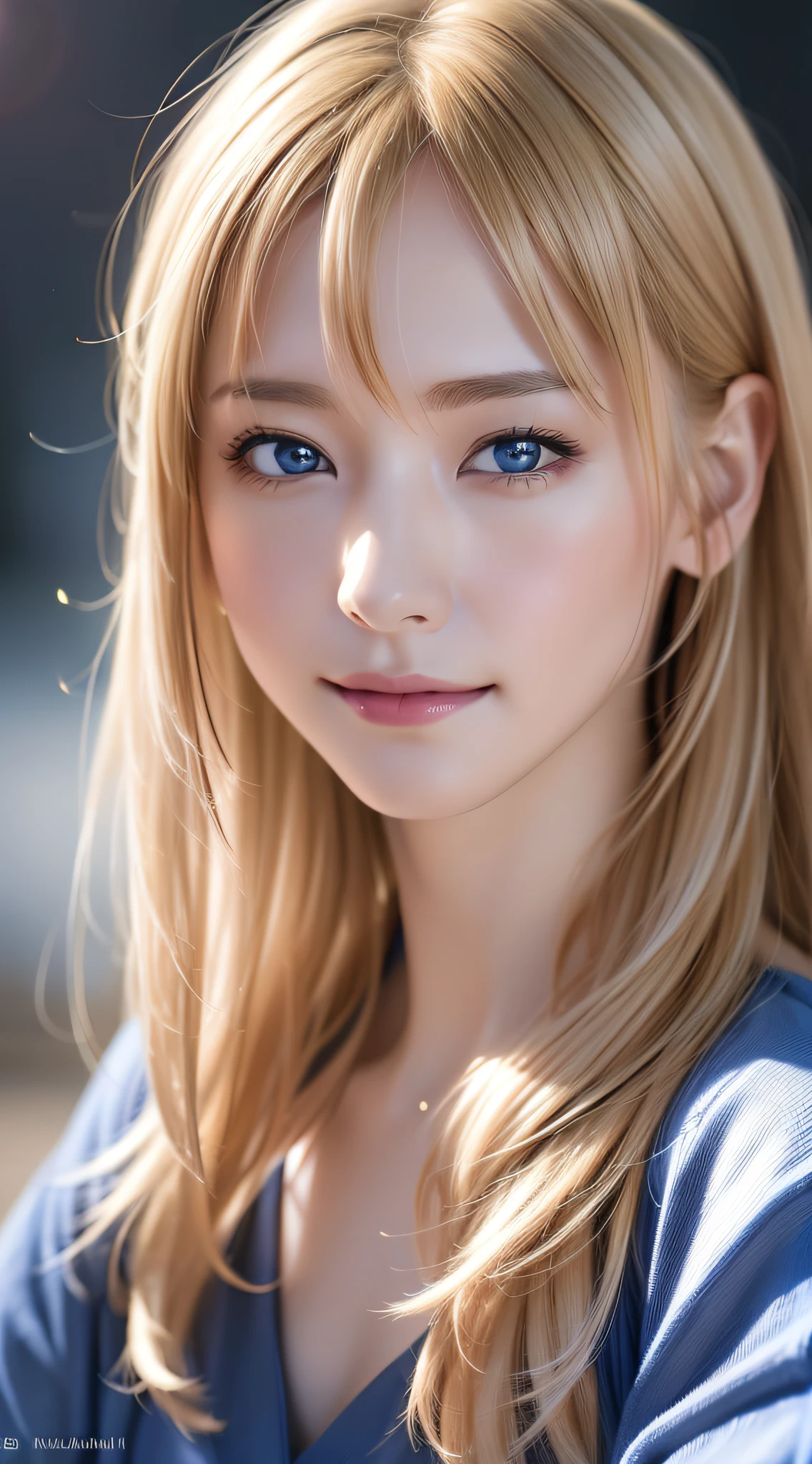 light smile, night, RAW photo, (((portrait of extreme beauty))), (radiant skin)), 1 girl, beautiful girl in Prague, , ((natural bright blonde hair)), [blue eyes], shiny glossy skin, silky long straight hair, eyeliner, long bangs, hair between eyes, fluttering hair, ((masterpiece, top quality, ultra detail, film light, complex details, High Resolution, 8K, Very Detailed)), Detailed Background, 8K UHD, DSLR, Soft Light, High Quality, Film Grain, Fujifilm XT3, Shallow Depth of Field, Natural Light, (No Hand), Upper Eye, Sap Eyes,