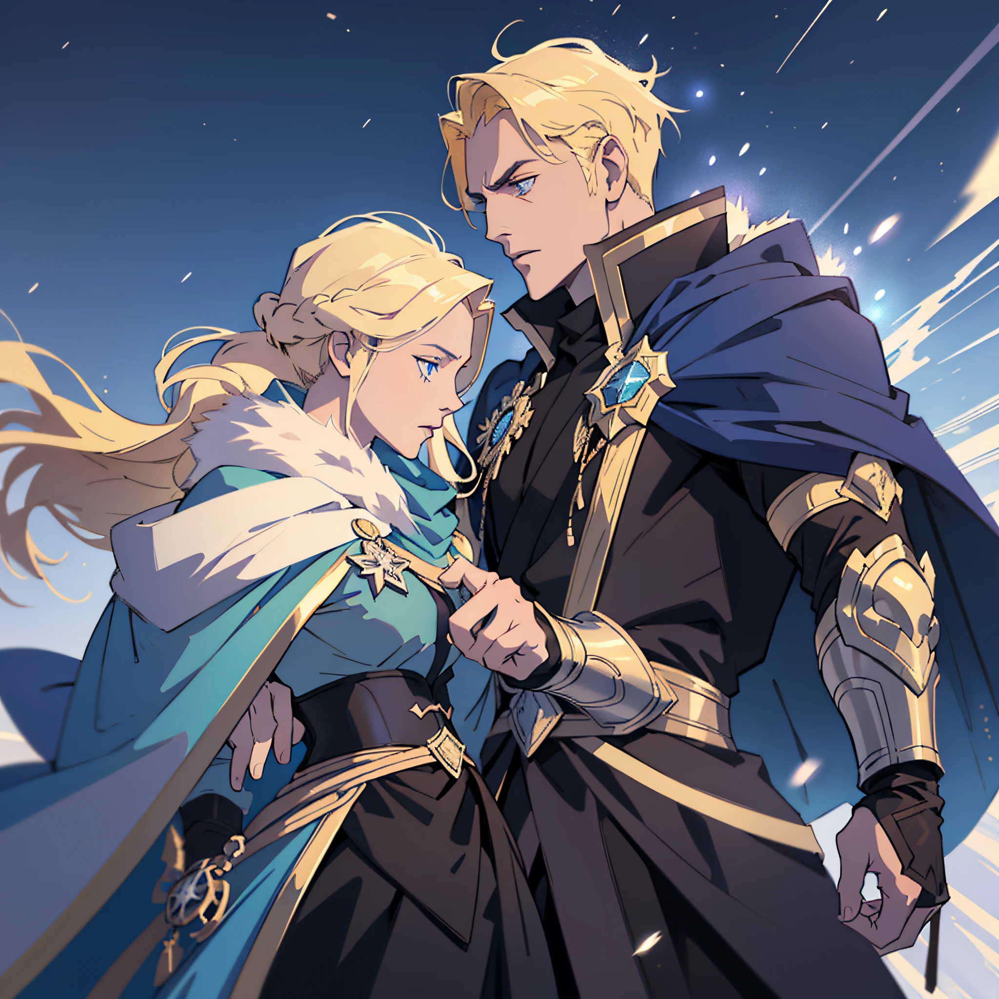 style of Gabriel Picolo, blonde man in blue shirt and black cloak with fur, handsome androgynous prince, knight, aristocrat, tall anime guy with blue eyes, high quality, detailed, anime, high quality, high detail aristocrats, royalty, (luminous particles: 1.3), moonlight, lens flare, (cinematic light), illustration, royalty, [: (detailed face: 1.2): 0.2], detailed, detailed clothing,  (detailed background: 1.3), dynamic pose, 30 years old, concept art, splashart, particles, wind, snow, winter, simple background with gear elements, cool shades, different poses, side view, front view