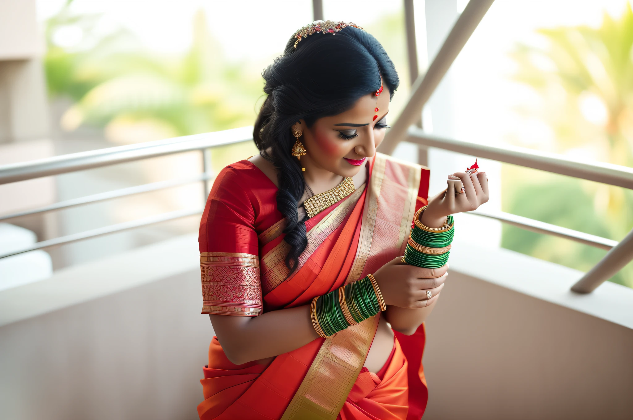 there is a woman in a red and orange sari holding a flower, traditional beauty, taken with sony alpha 9, shot on sony a 7, photo taken with sony a7r camera, photo taken with sony a7r, taken with sony a7r camera, shot on sony a 7 iii, candid photograph, candid photography, shot with premium dslr camera