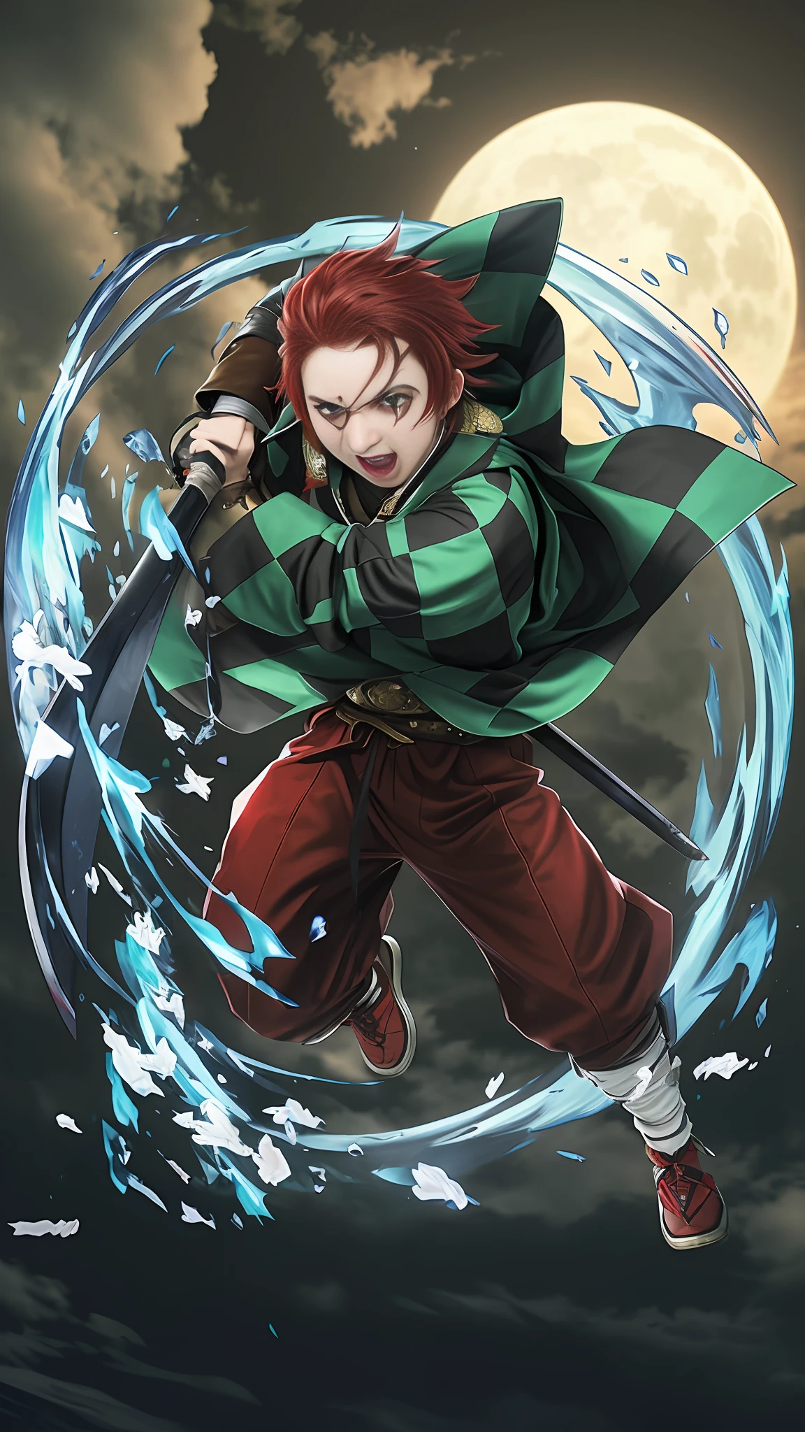 4K, young, red hair, holding sword, oriental costume, red eyes, screaming loudly.