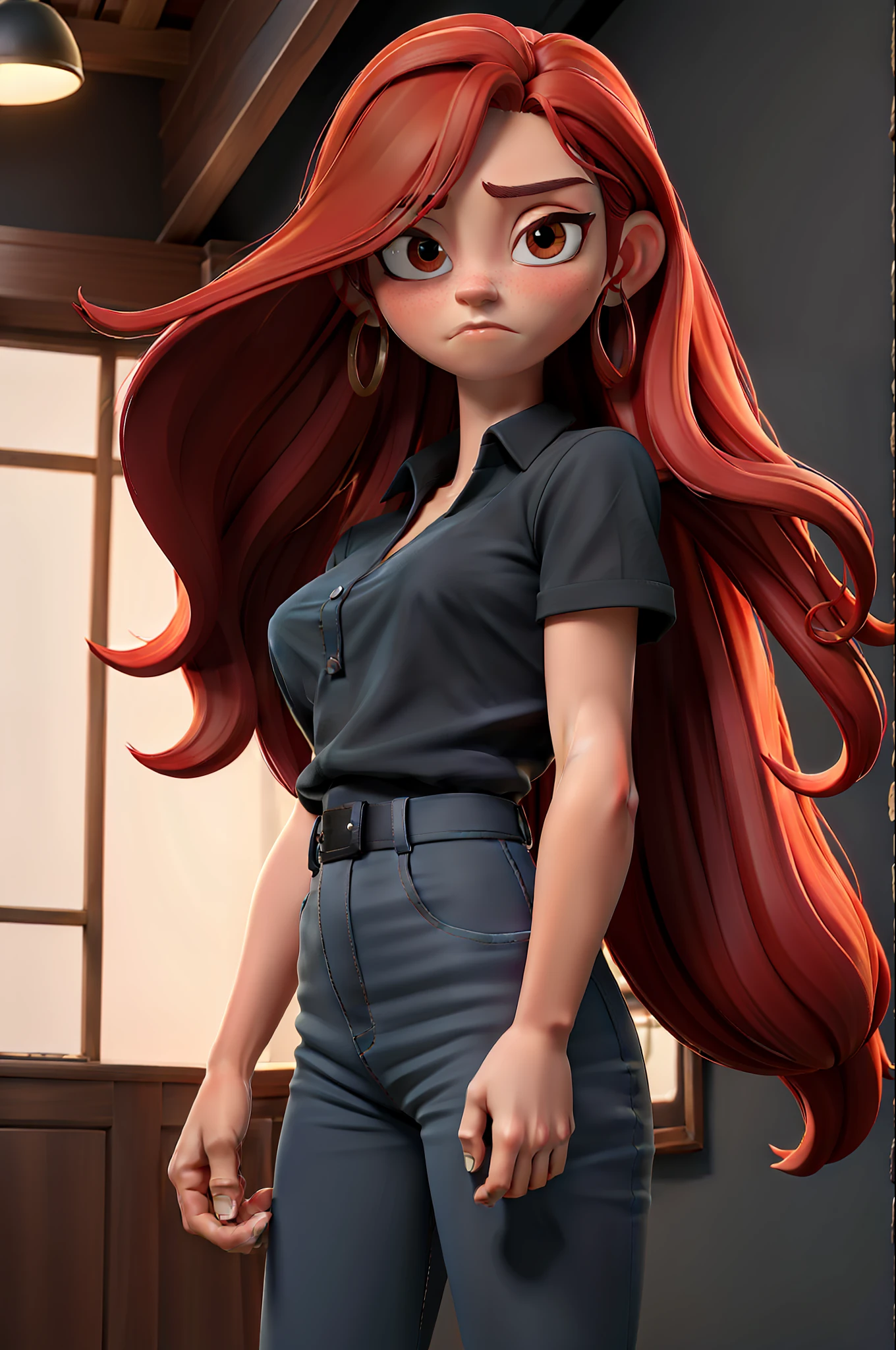 Masterpiece, best quality, girl long red hair, wearing black shirt and black pants, black eye