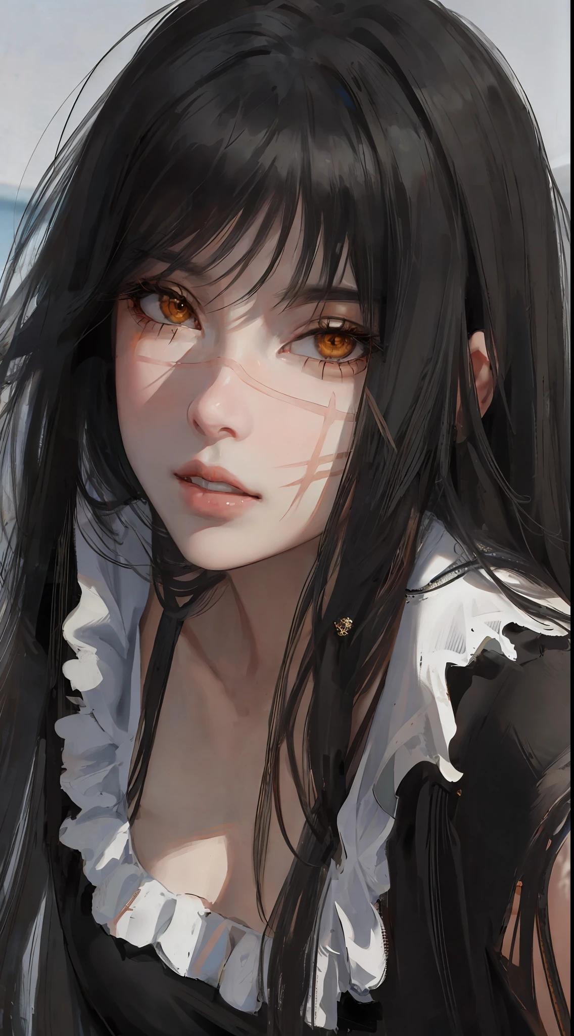 photorealistic, lip gloss, painting, realistic, best quality, ultra high resolution, depth, pastel color, natural shading, focus on the face, just the face, looking at the viewer, long hair, black hair, brown and well-detailed eyes, black clothing