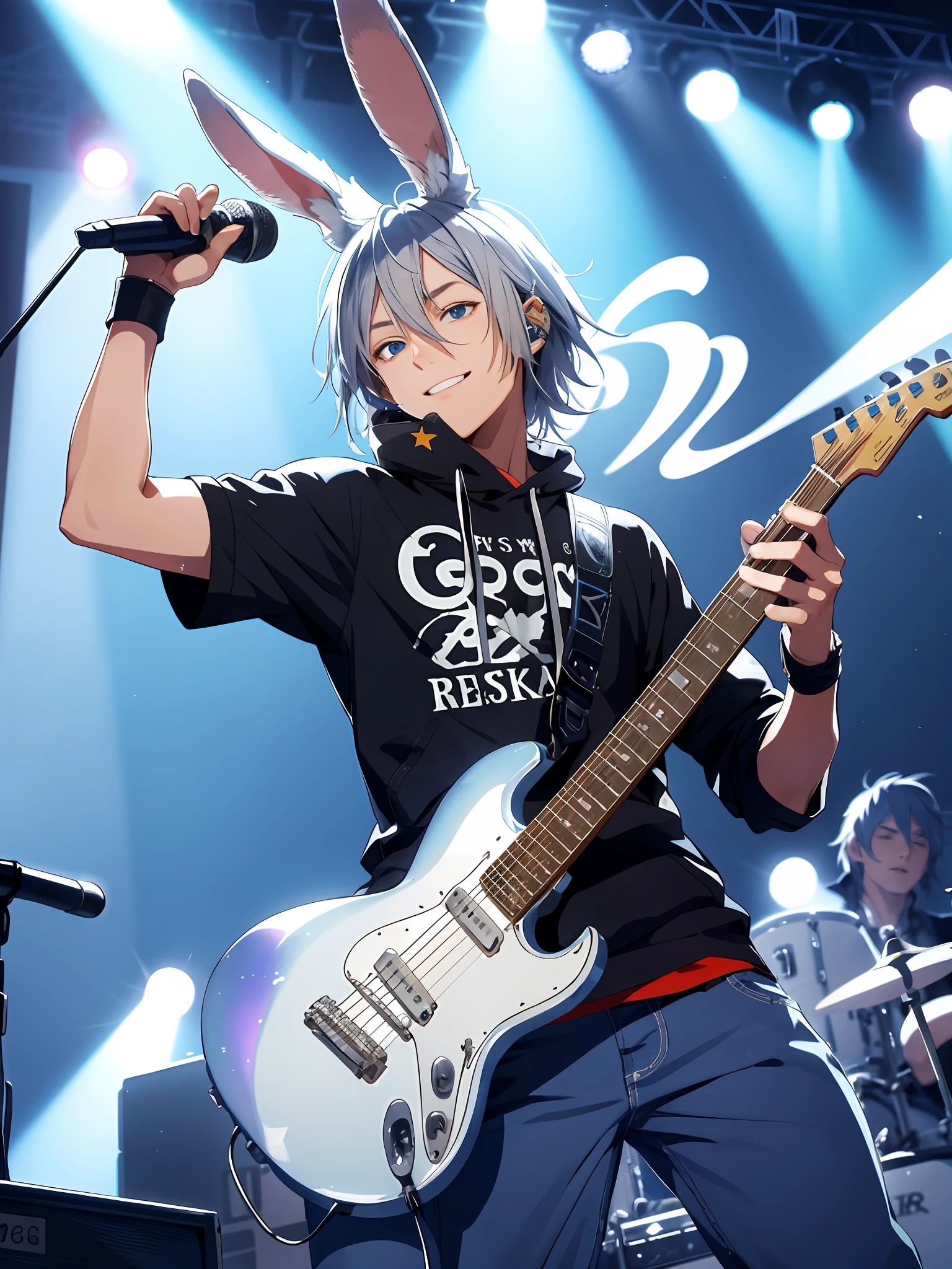 illustration style, cute boy, silver-haired blue-eyed rabbit ears, fantasy long pants, rock, concert, sweat, microphone, guitar solo rabbit, rabbit ears, rabbit