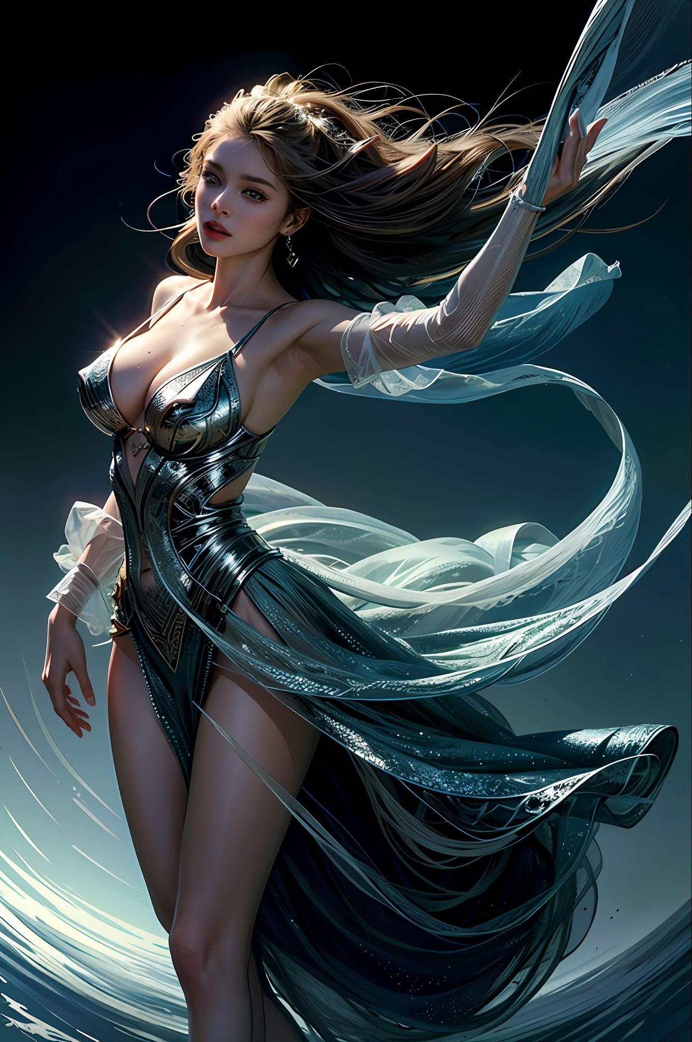 masterpiece:1.2, best quality) best quality, masterpiece, ultra-high resolution, realistic, ultra-realistic detail, sharp focus, (real picture, meticulously crafted, depth of field), ((masterpiece, super-fine, super detailed, high resolution)), solo, beautiful girl, sparkling eyes, perfect eyes, 20 years old, platinum theme, high detail, perfect face shape, perfect body, oversize model, mature woman, tall long legs, big breasts, Volop and Roslavs, Volop and Sakimikan, extremely detailed goddess shots, beautiful fantasy queen, 16k, magic style, best quality, masterpiece, (rainbow sugar: 0.8), (half: 1.3), marine, cool tones, low saturation,