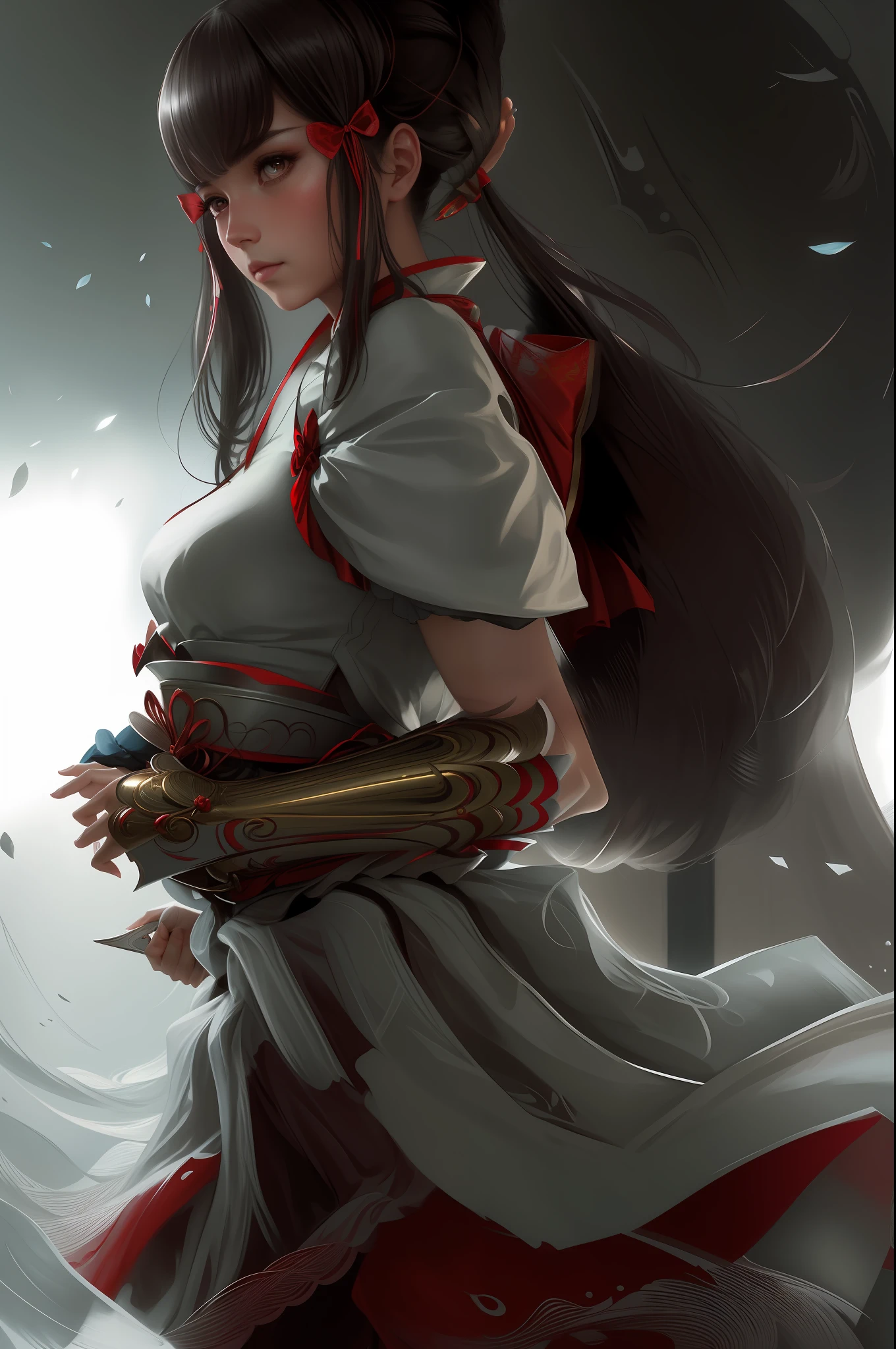 portrait of a girl lifting her skirt, red bow on the back long hair, intricate, elegant, highly detailed, centered, digital painting, artstation, concept art, smooth, sharp focus, illustration, artgerm, tomasz alen kopera, peter mohrbacher, donato giancola, joseph christian leyendecker, wlop, boris vallejo