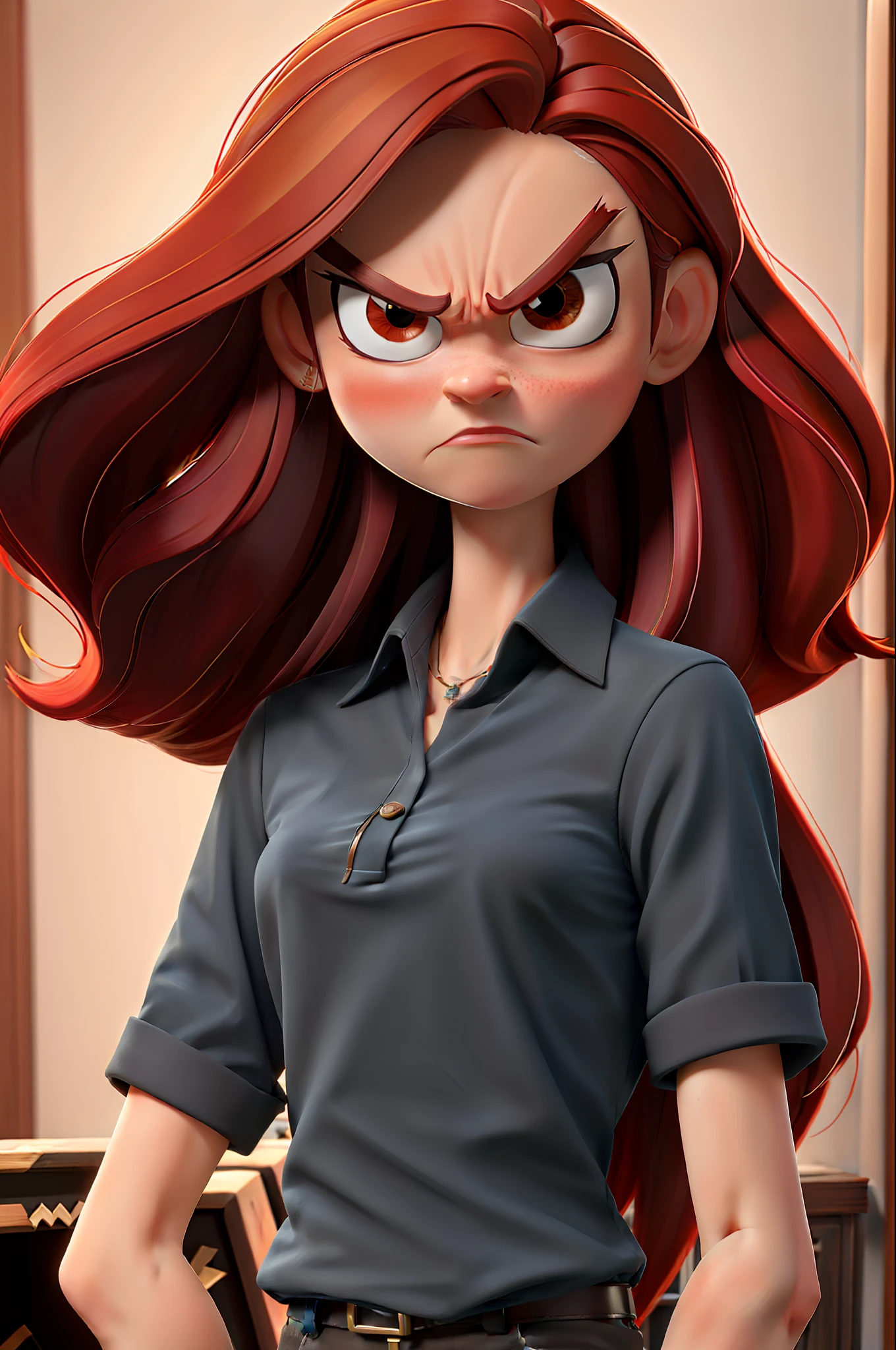 Masterpiece, best quality, girl long red hair, angry, wearing black shirt, rock