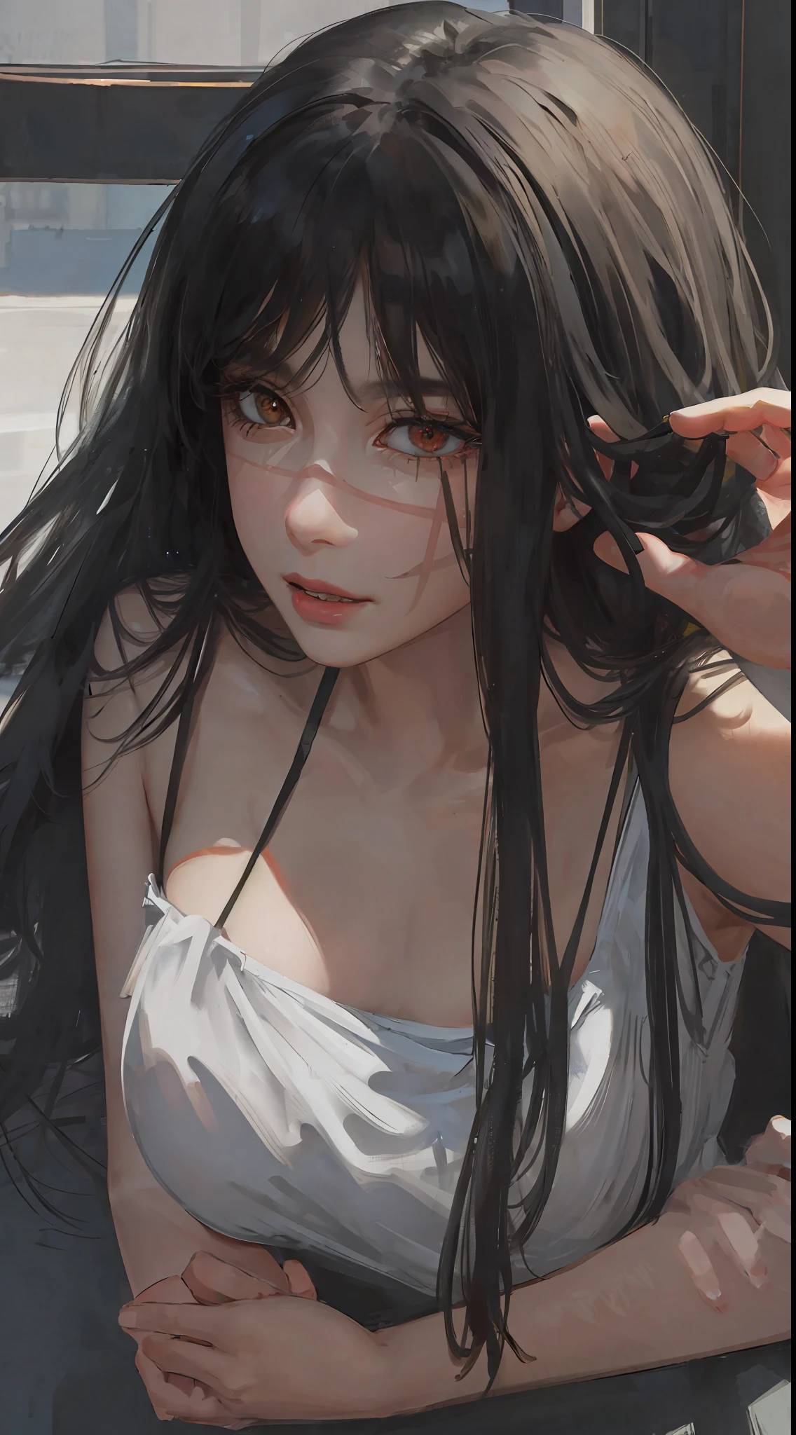 photorealistic, lip gloss, painting, realistic, best quality, ultra high resolution, depth, pastel color, natural shading, focus on the face, just the face, looking at the viewer, long hair, black hair, brown and well-detailed eyes, black clothing