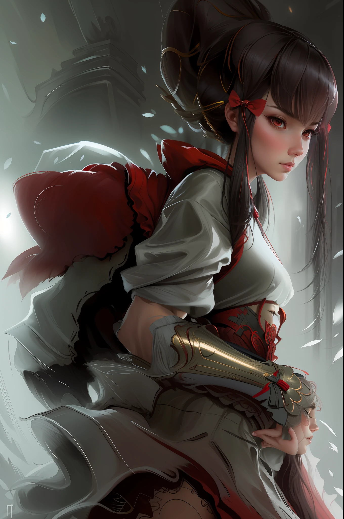 portrait of a girl lifting her skirt, red bow on the back long hair, intricate, elegant, highly detailed, centered, digital painting, artstation, concept art, smooth, sharp focus, illustration, artgerm, tomasz alen kopera, peter mohrbacher, donato giancola, joseph christian leyendecker, wlop, boris vallejo