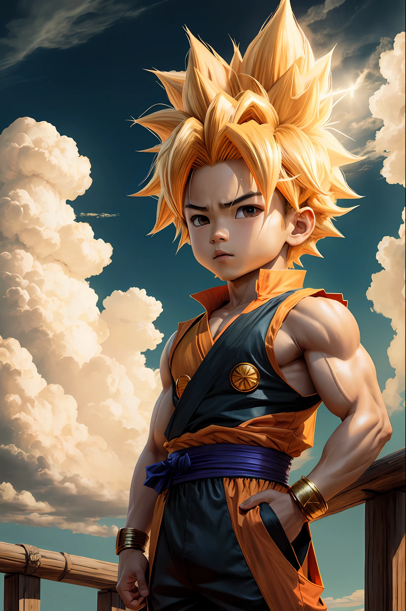 chibi goku, 1boy, male focus, super sayajin, goku outfit, solo, sky, cloud, day, blue sky, male child, Outdoor, upper body, overcast sky