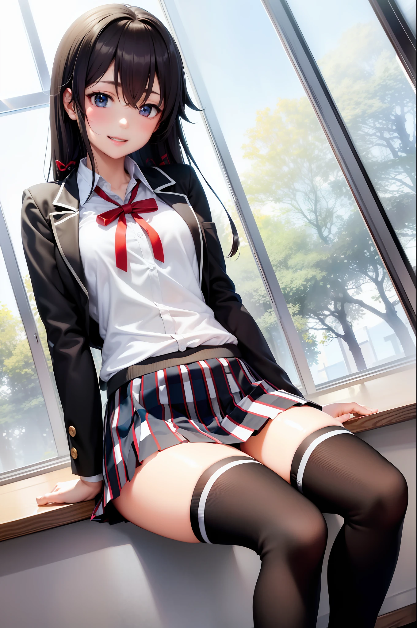 (Masterpiece, Best Quality: 1.2), Solo, One Girl, Yukinoshita Yukino, Smiling, Looking Viewer, Sitting, School Uniform, Black Jacket, Plaid Skirt, Peeking Between Legs, ((((Panti))), Thigh Socks, Classroom,