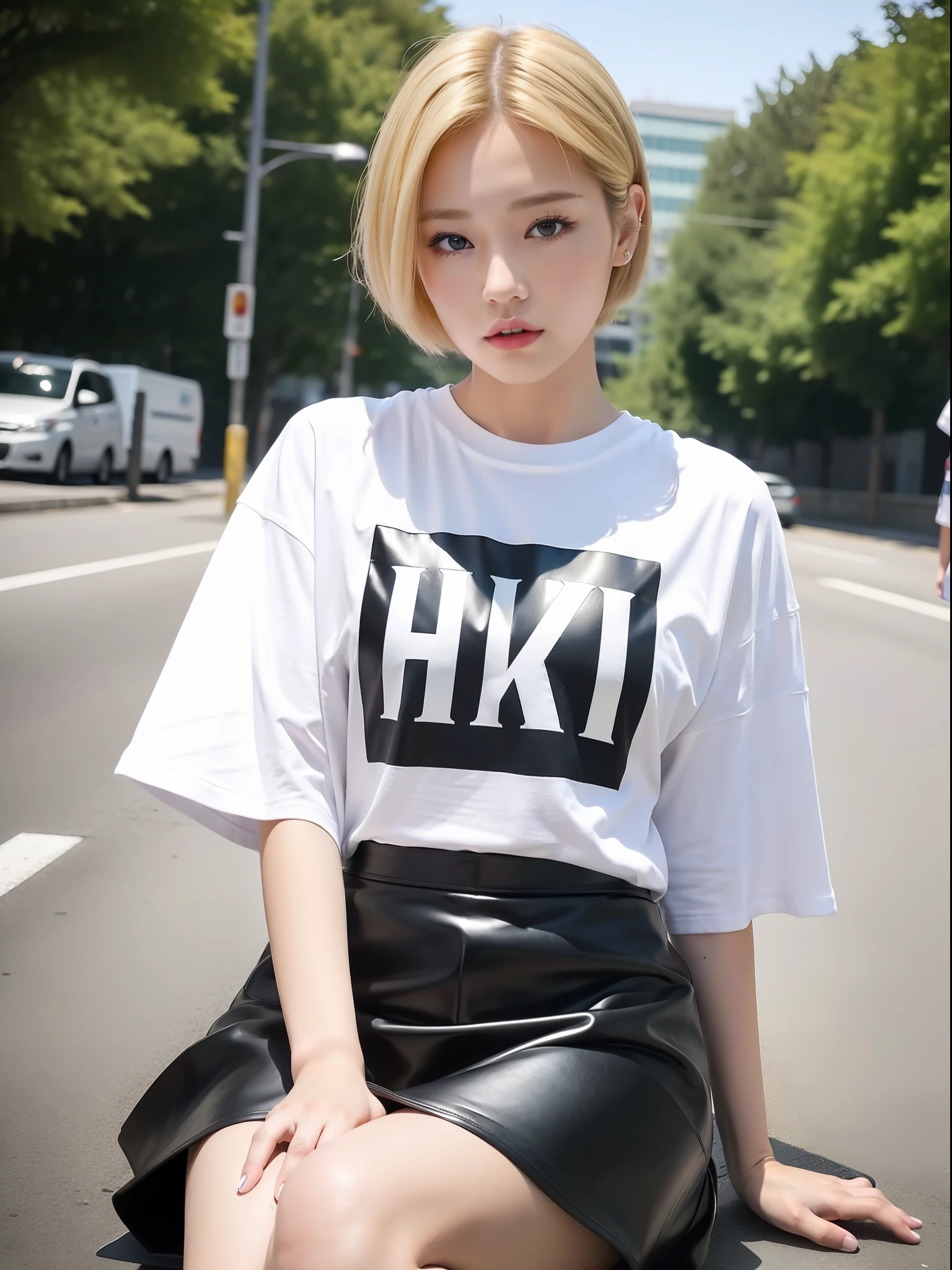 (8k:1.27), (best quality, masterpiece, super high definition:1.2), realistic, (1 girl:1.8), (solo:1.8), (night:1.2), Instagram photos, street snaps, high school students, cute Japan women pictures (beautiful:1.1), t-shirts, oversized t-shirts, (big t-shirts: 2), black t-shirts, photo t-shirts, Heavyweight T-shirt, very detailed face and skin texture, delicate eyes, double eyelids, whitening skin, short hair, short hair, Japan streetwear, wearing oversized t-shirt, blonde, leather skirt, sitting on the road