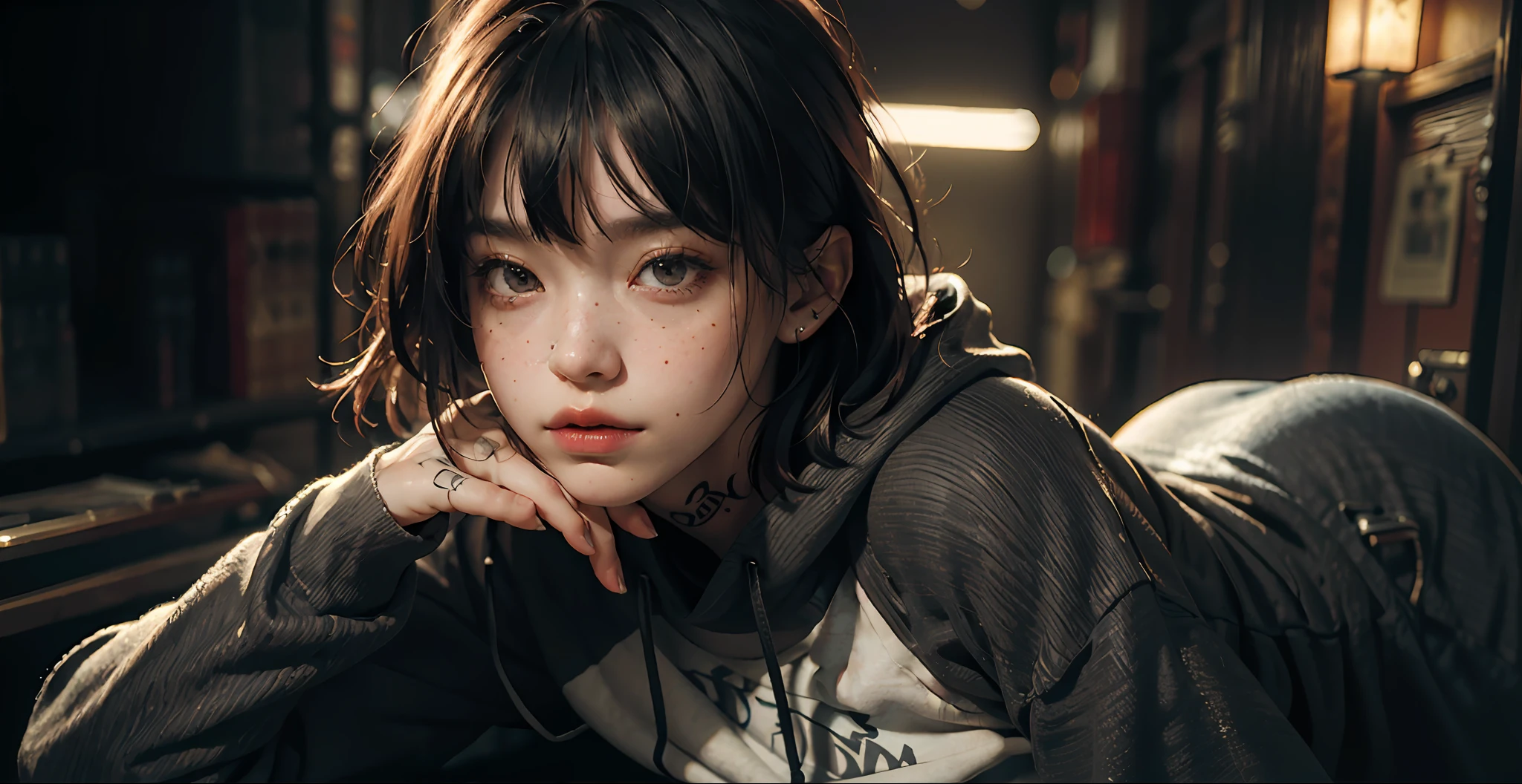 ((best quality)), ((masterpiece)), ((realistic)), (detailed), (1 girl) women, sweatshirt, tattoo on arm, portrait, asymmetrical bangs, bandaid, short hair, bangs, breasts, freckles, gray eyes, large breasts, looking at the viewer, tattoo on neck, piercing on nose, red hair, soil, tattoo on face, upper body, detailed background, city, alley, dark alley, portrait, hood on head, night, angry, close, mouth shut, ((masterpiece)), absurdities