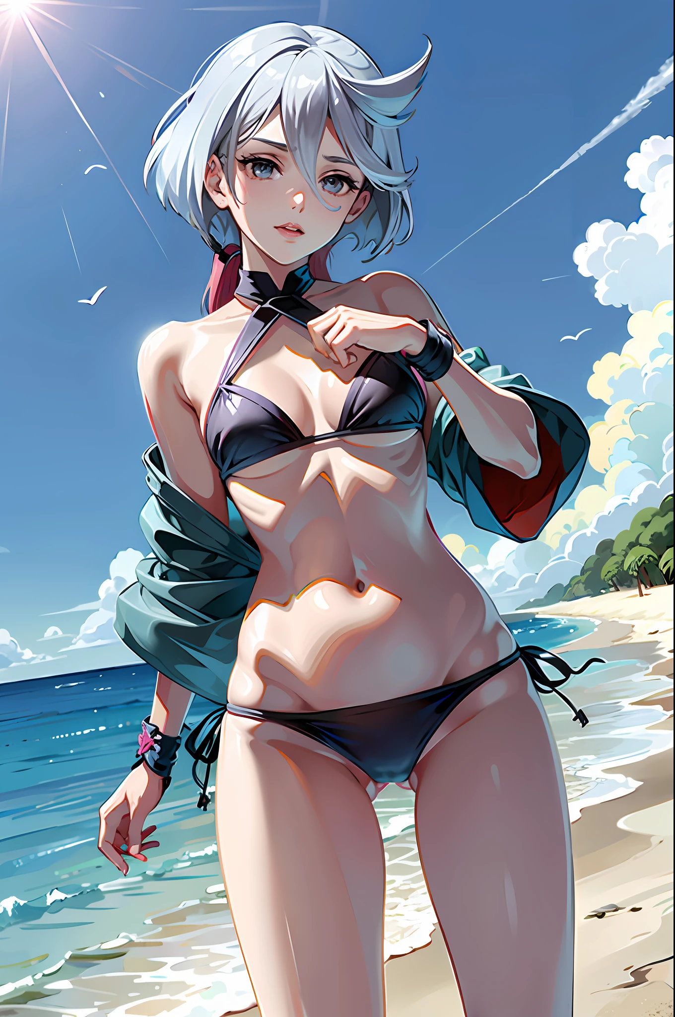 Random posture,1girl,seduce, beautiful breasts, lips, bikini  , beach , navel , solo ,1girl ,highres