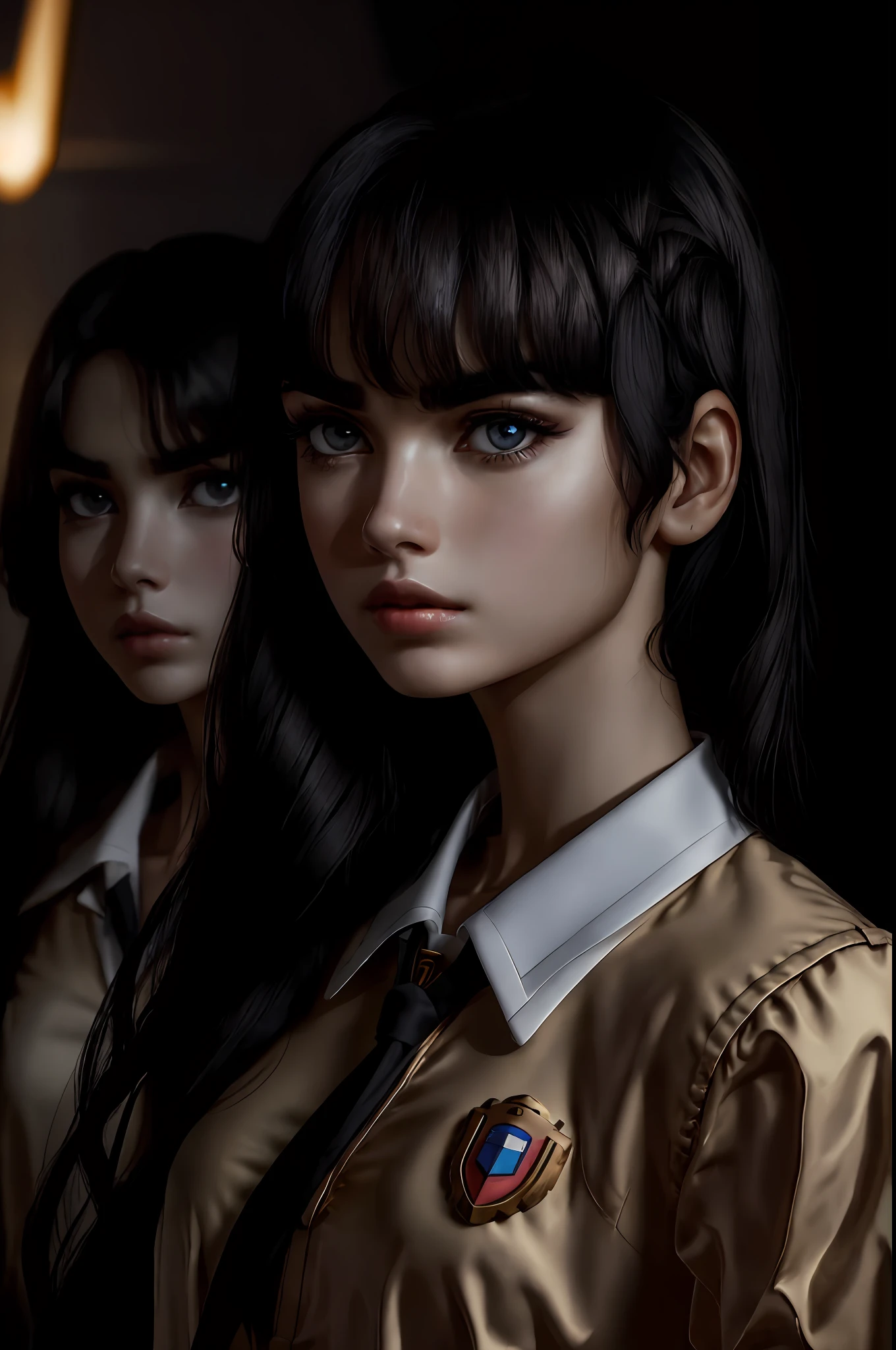 portrait of a breathtaking girl with (deep-set eyes:1.2), (high cheekbones:1.1), and (full eyebrows:1.1) , the face is Lisa88 , stand in front of the Gundam , The lighting is dark and moody, with a spotlight casting a dramatic light on the girl's face, creating deep shadows and highlights. The girl is wearing thai_girlscout_uniform , and her (black hair:1.2) is styled in loose waves. She is look sideways with a (wistful:1.2) expression on her face, lost in thought. The background is blurred out to emphasize the focus on the girl. ,
