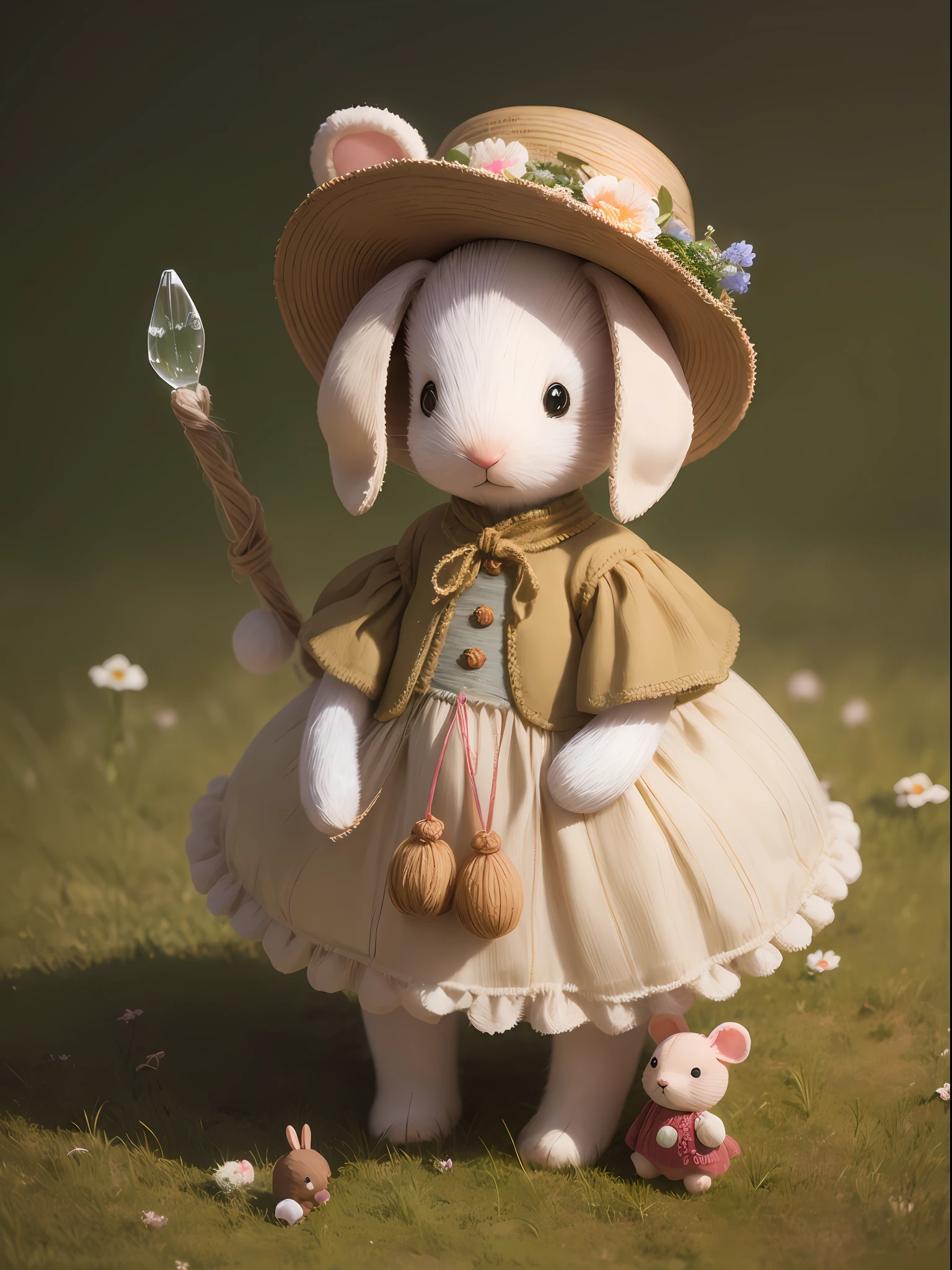 Knitted toy bunny, mouse, teddy bear, small anthropomorphic animal, in a hat and antique clothes of the 17th century, macro photography in thick grass, dew drops reflecting the environment, super detailed toy, you can see every wool on the toy, you can see every shrvcik on the clothes, dragging all your things, cute animal, cute toy,
