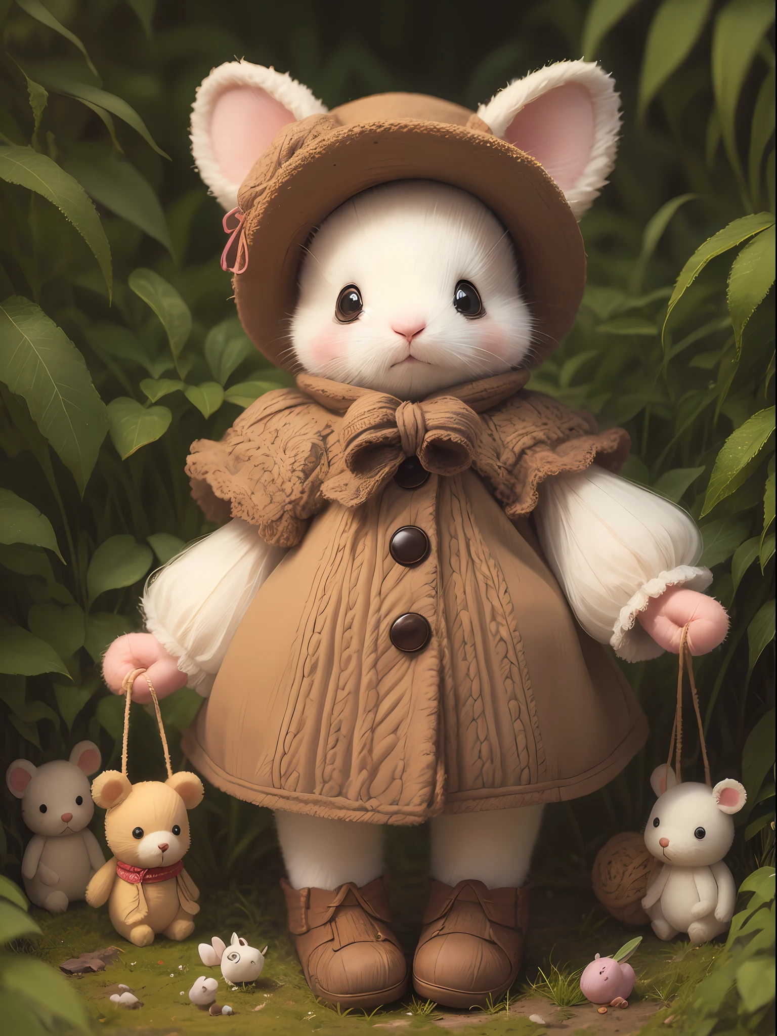 Knitted toy bunny, mouse, teddy bear, small anthropomorphic animal, in a hat and antique clothes of the 17th century, macro photography in thick grass, dew drops reflecting the environment, super detailed toy, you can see every wool on the toy, you can see every shrvcik on the clothes, dragging all your things, cute animal, cute toy,
