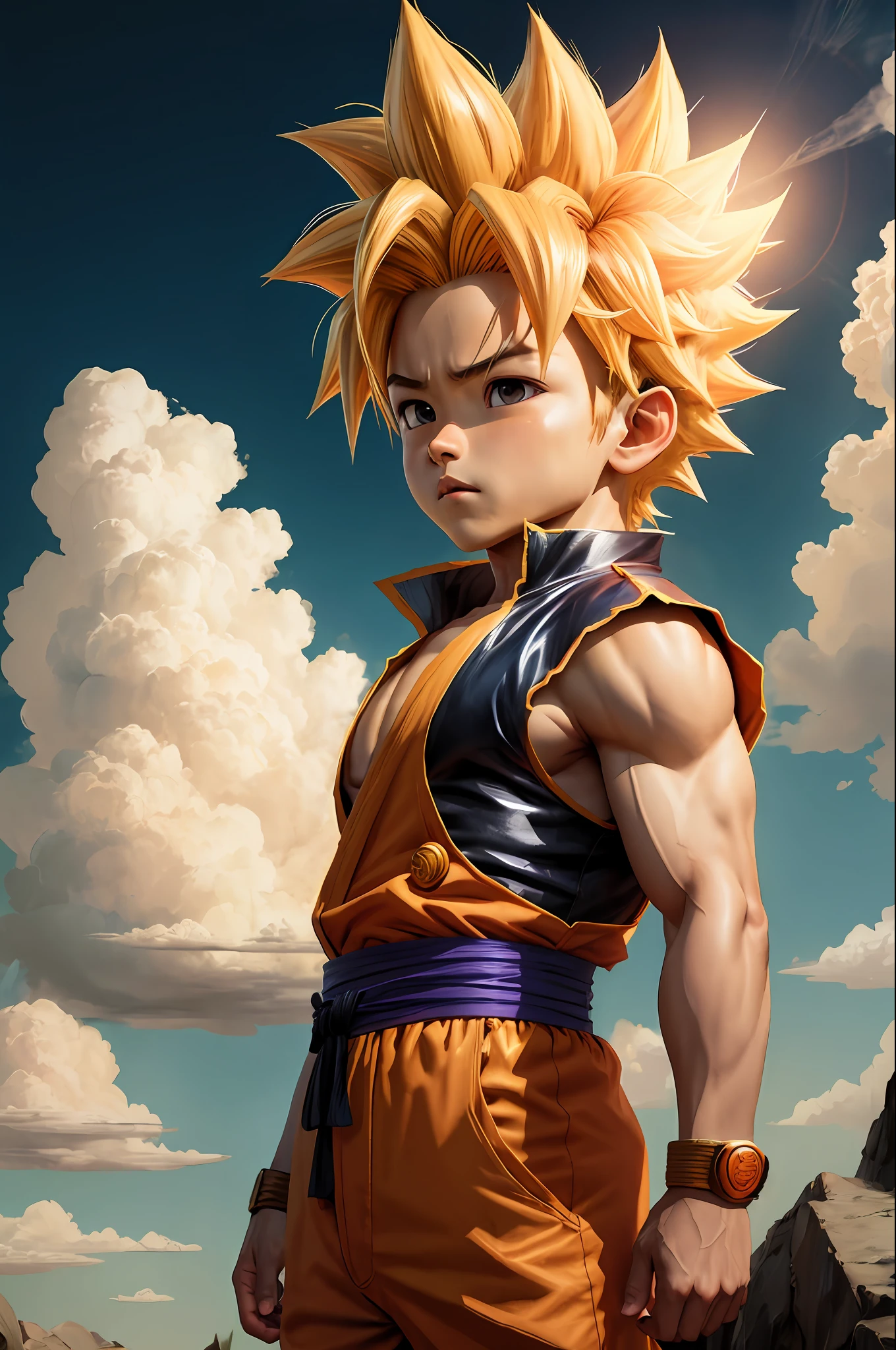 chibi goku, 1boy, male focus, super sayajin, goku outfit, solo, sky, cloud, day, blue sky, male child, Outdoor, upper body, overcast sky