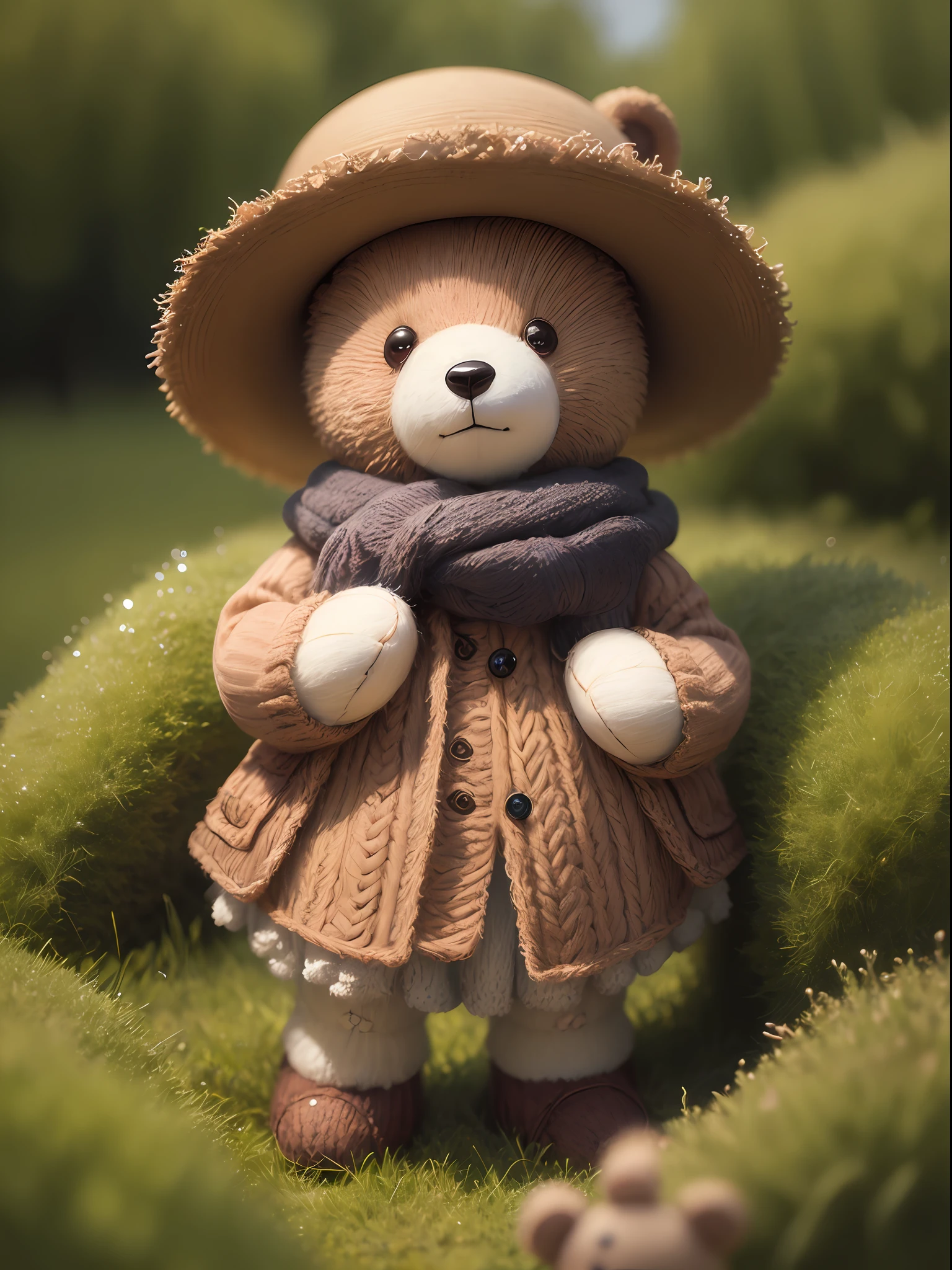 Knitted toy bear, small anthropomorphic animal, in a hat and antique clothes of the 17th century, macro photography in thick grass, dew drops reflecting the environment, super detailed toy, you can see every wool on the toy, you can see every shrvcik on the clothes, dragging all your things on itself, cute animal, cute toy,