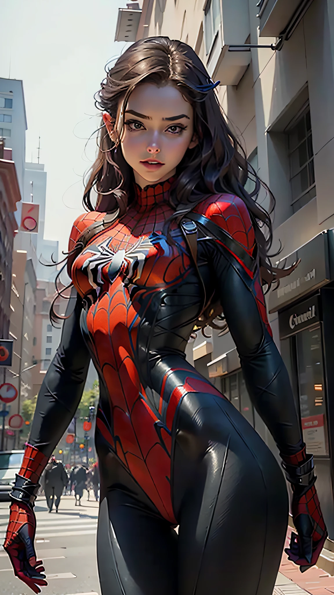 Beautiful woman detailed defined body using spider man cosplay, small breasts