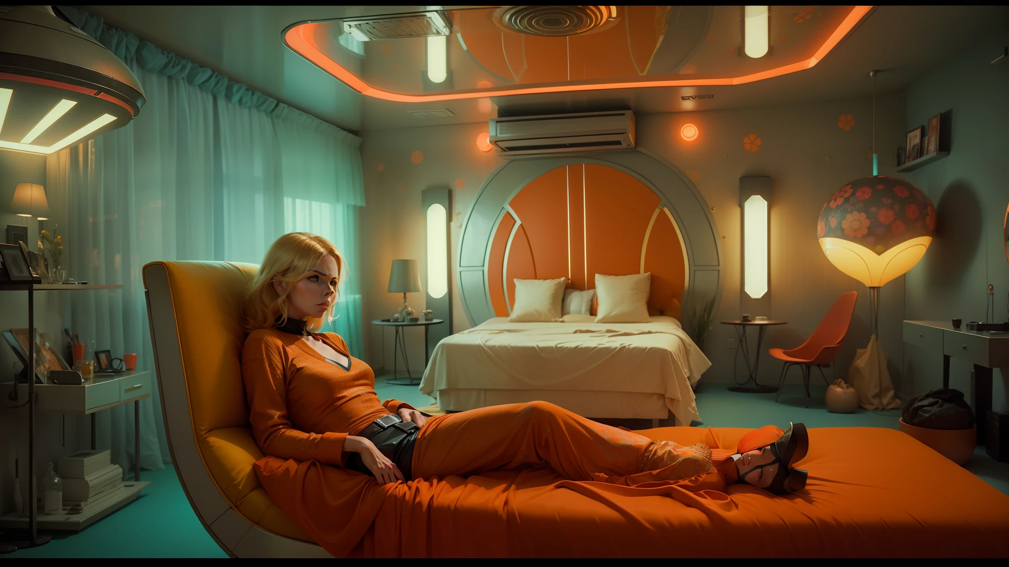 there is a woman sitting in a chair in a room, blade runner 2049 colors, charlize theron, in a bedroom, orange and turquoise, 60s kitsch and psychedelia, panoramic anamorphic, caravagio, charlize, by James Baynes, by Louisa Puller, 2 0 1 9, by Antoni Pitxot