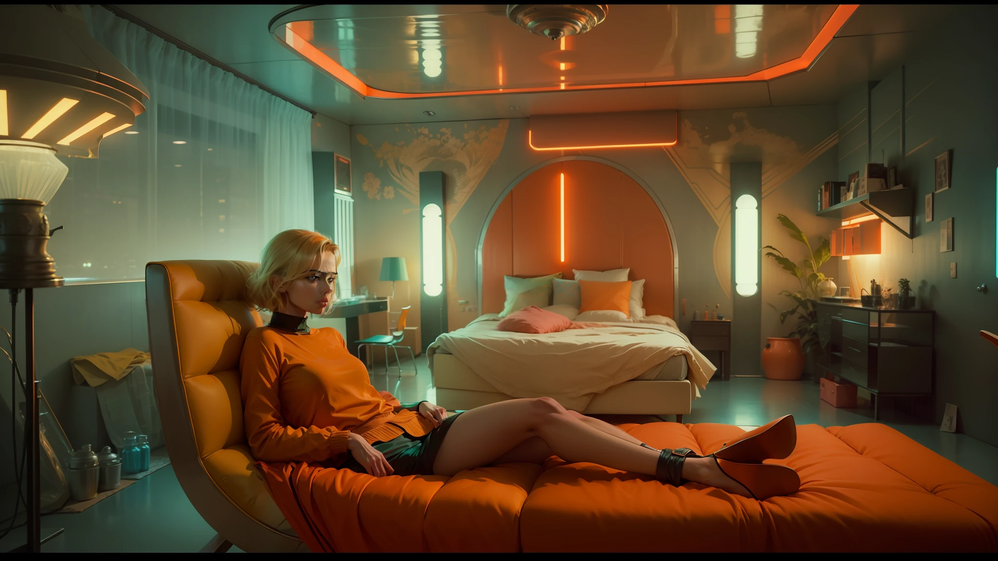 there is a woman sitting in a chair in a room, blade runner 2049 colors, charlize theron, in a bedroom, orange and turquoise, 60s kitsch and psychedelia, panoramic anamorphic, caravagio, charlize, by James Baynes, by Louisa Puller, 2 0 1 9, by Antoni Pitxot