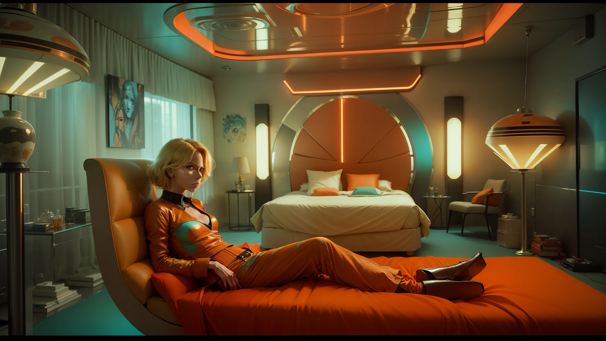 there is a woman sitting in a chair in a room, blade runner 2049 colors, charlize theron, in a bedroom, orange and turquoise, 60s kitsch and psychedelia, panoramic anamorphic, caravagio, charlize, by James Baynes, by Louisa Puller, 2 0 1 9, by Antoni Pitxot