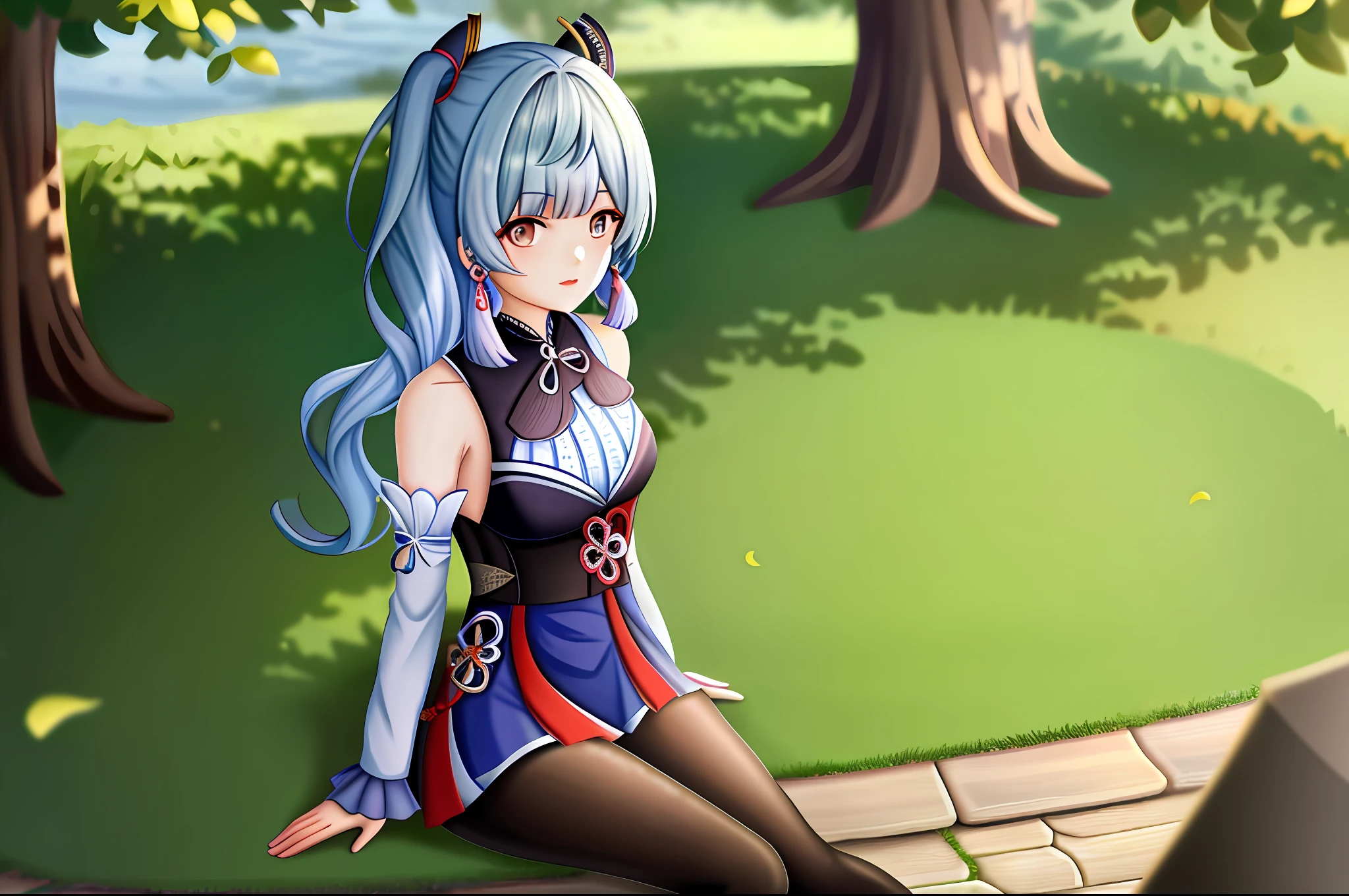 Kamisato Ayaka from the Genshin Impact game sitting sideways on the green lawn