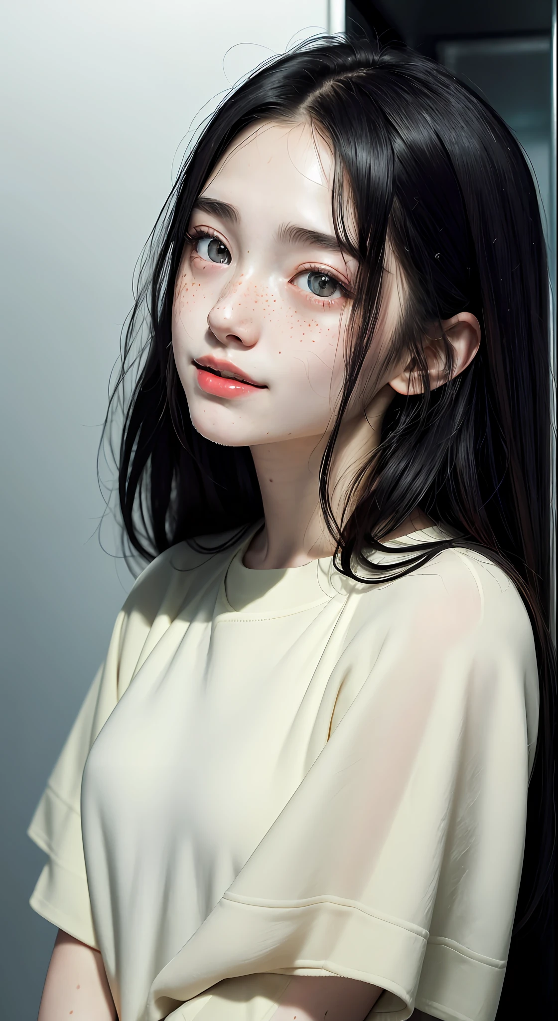 RAW photo, dynamic angle, highly detailed, soft light, 1girl, ((sweaty):1.1), pale skin, korean, 14 years old, cold smile, black shirt, black pants, long black hair, bright red eyes, freckles, head tilted, at lift, inside elevator, 8k, masterpiece