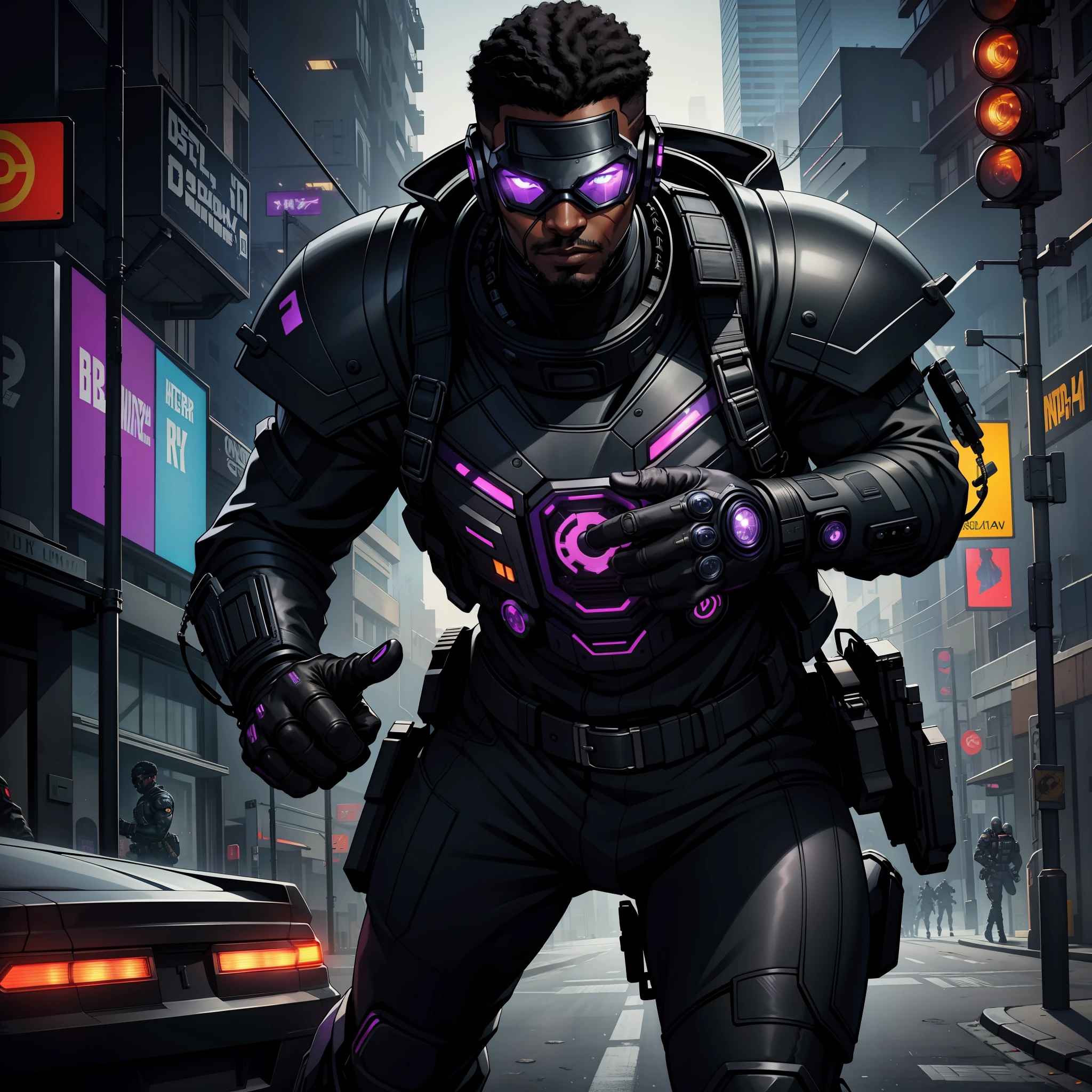 "(Cyberpunk Purple and Navy Blue Metallic Military Tactical Uniform:1) (1black man) dark theme :: focus on closeup face, comic face, ultra realistic futuristic cyberpunk athletic black man running at high speed through the streets with cyberpunk cars :: short black hair military cut :: cool cybernetic punk military vest :: visor covering eyes :: natural lighting :: bokeh :: 8k :: best quality :: masterpiece ::  insanely detailed:1.5"