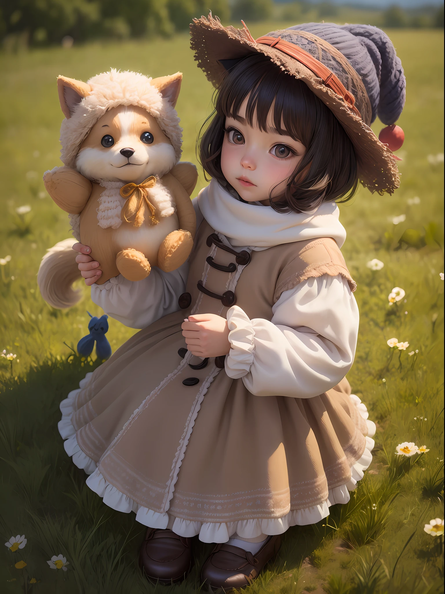 A knitted wolf cub toy, a small anthropomorphic animal, in a hat and old clothes of the 17th century, macro photography in thick grass, dew drops reflecting the environment, super detailed toy, you can see every wool on the toy, you can see every shrvcik on the clothes, dragging all your things on itself, a cute animal, a cute toy,