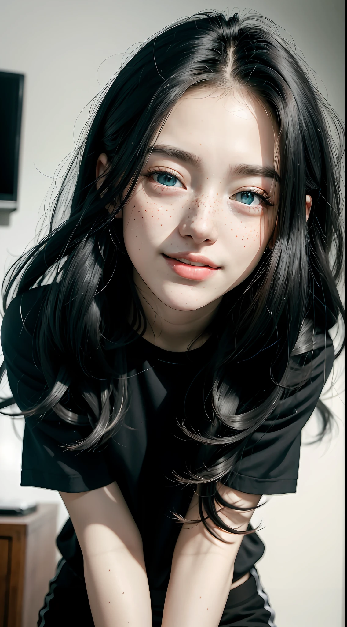 RAW photo, dynamic angle, highly detailed, soft light, 1girl, , full body, pale skin, korean, 20 years old, smile, black shirt, black pants, long black hair, bright blue eyes, freckles, head tilted, at sport car, 8k, masterpiece