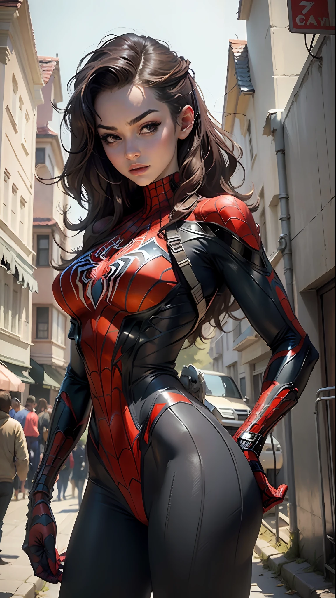 Beautiful woman detailed defined body using spider man cosplay, big breasts
