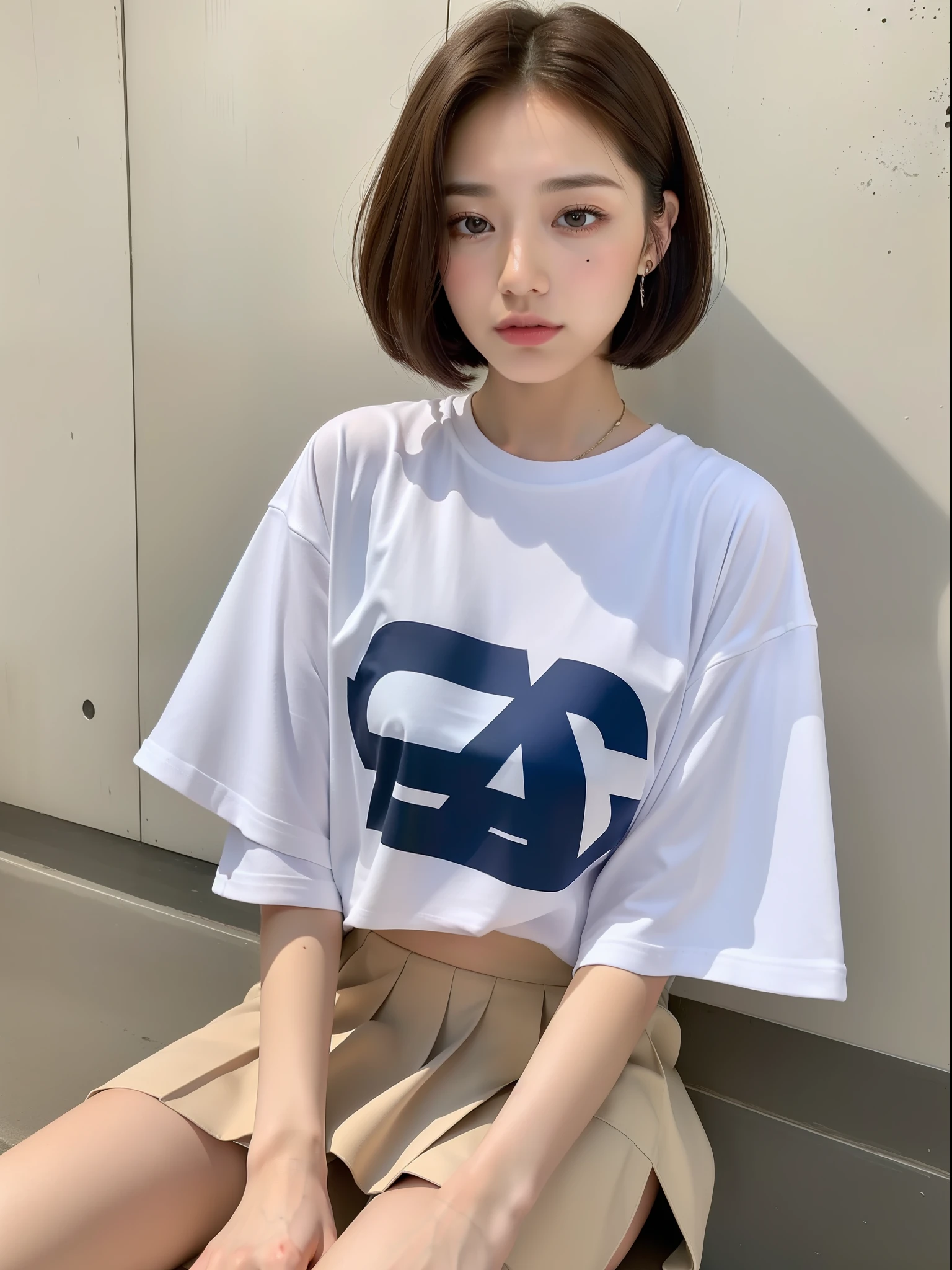 (8k:1.27), (best quality, masterpiece, super high definition:1.2), realistic, (1 girl:1.8), (solo:1.8), (night:1.2), Instagram photos, street snaps, high school students, cute Japan women pictures (beautiful:1.1), t-shirts, oversized t-shirts, (big t-shirts: 2), black t-shirts, photo t-shirts, Heavyweight T-shirt, highly detailed face and skin texture, delicate eyes, double eyelids, whitening skin, short hair, short hair, Japan streetwear, wearing oversized t-shirt, brown hair, pleated skirt, sitting in front of the wall