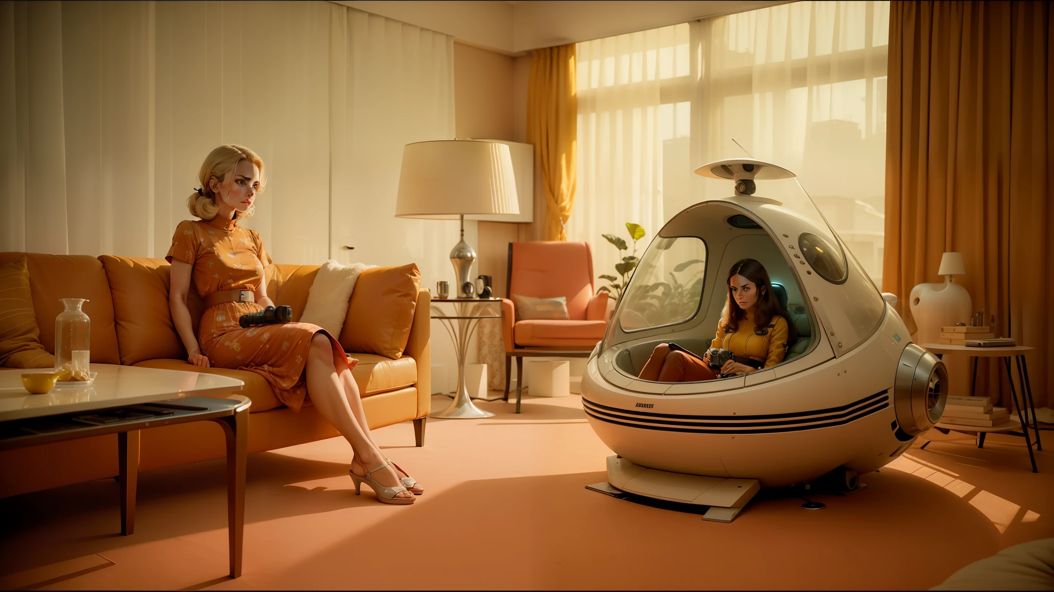 arafed woman sitting on a couch in a living room with a futuristic pod, moody : : wes anderson, man in futurist 6 0 ´ s lab, with anamorphic lenses, futuristic kitbash, gordon murray, yellow carpeted, life is not what it used to be, vacuum, komatsuzaki retro-futurism