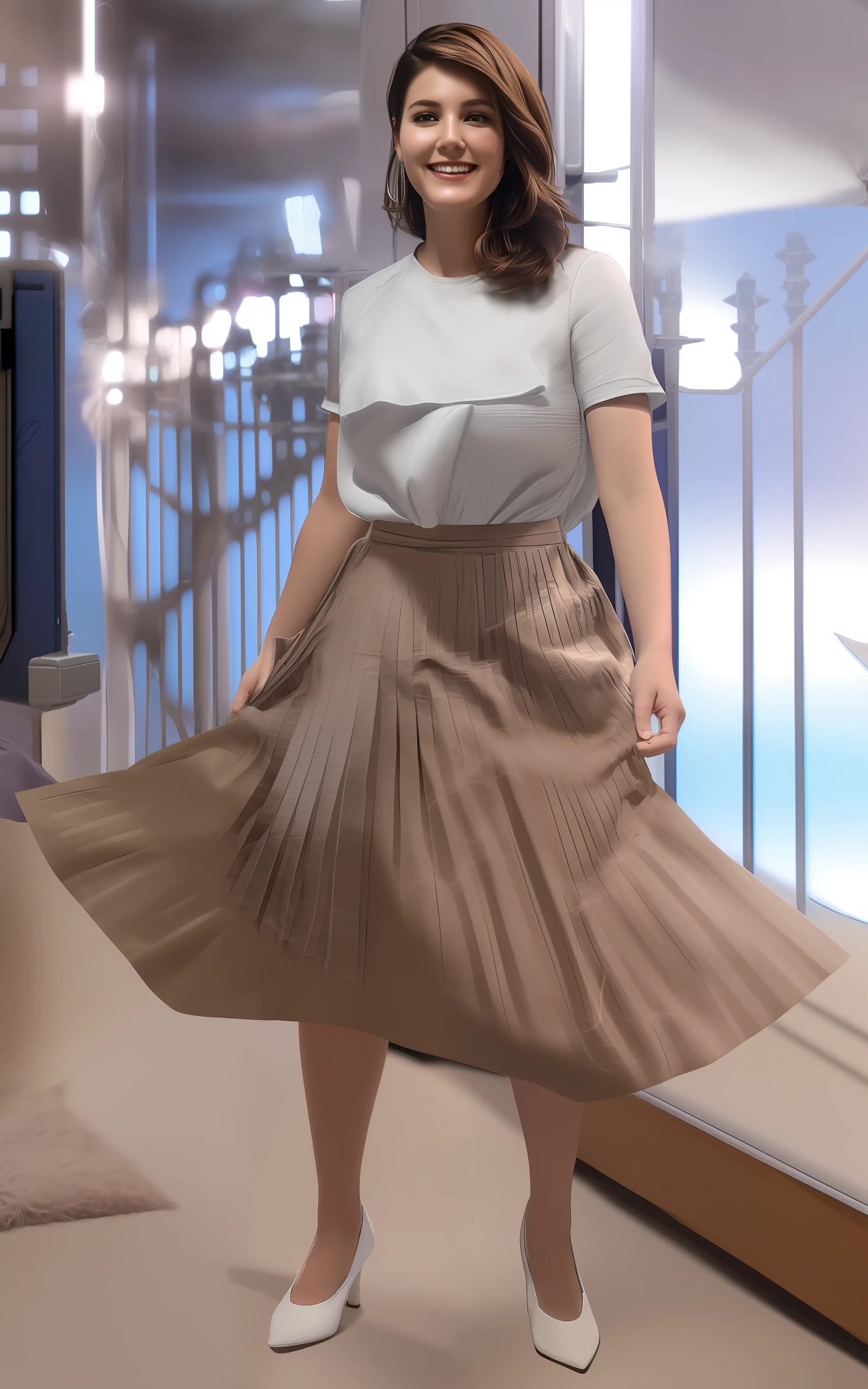 a therapist is playing with her skirt (in a flirting manner:1.3) while in a space station, (shy) authentic (kind and tender) lesbian woman wearing a short blazer with a very very detailed (long (fully pleated) full circle skirt) and (simple) low heeled office shoes, very very intricate hyper-detailed symmetric (attractive graceful young feminine face) with (sad, tired) eyes and a (flirty smile), full of empathy and compassion and love, (pronounced feminine features:1,3), big boobs, large breasts, shirtless, topless, (highly detailed ultra accurate realistic) hands and fingers, ((windy conditions and wind blowing)), epic composition, highly detailed attributes, highly detailed atmosphere, detailed background, intricate, Exquisite details and textures, highly detailed, deep space station secret operations active background,