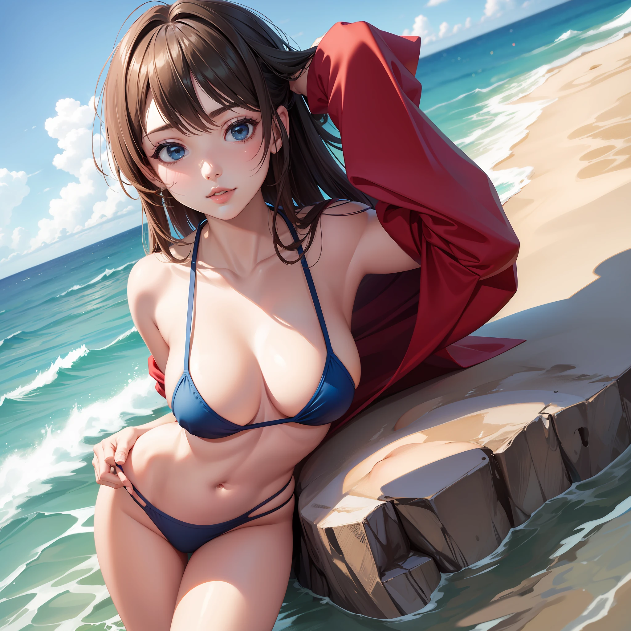 Random posture,1girl,seduce, beautiful breasts, lips, bikini , beach , navel , solo ,1girl ,highres