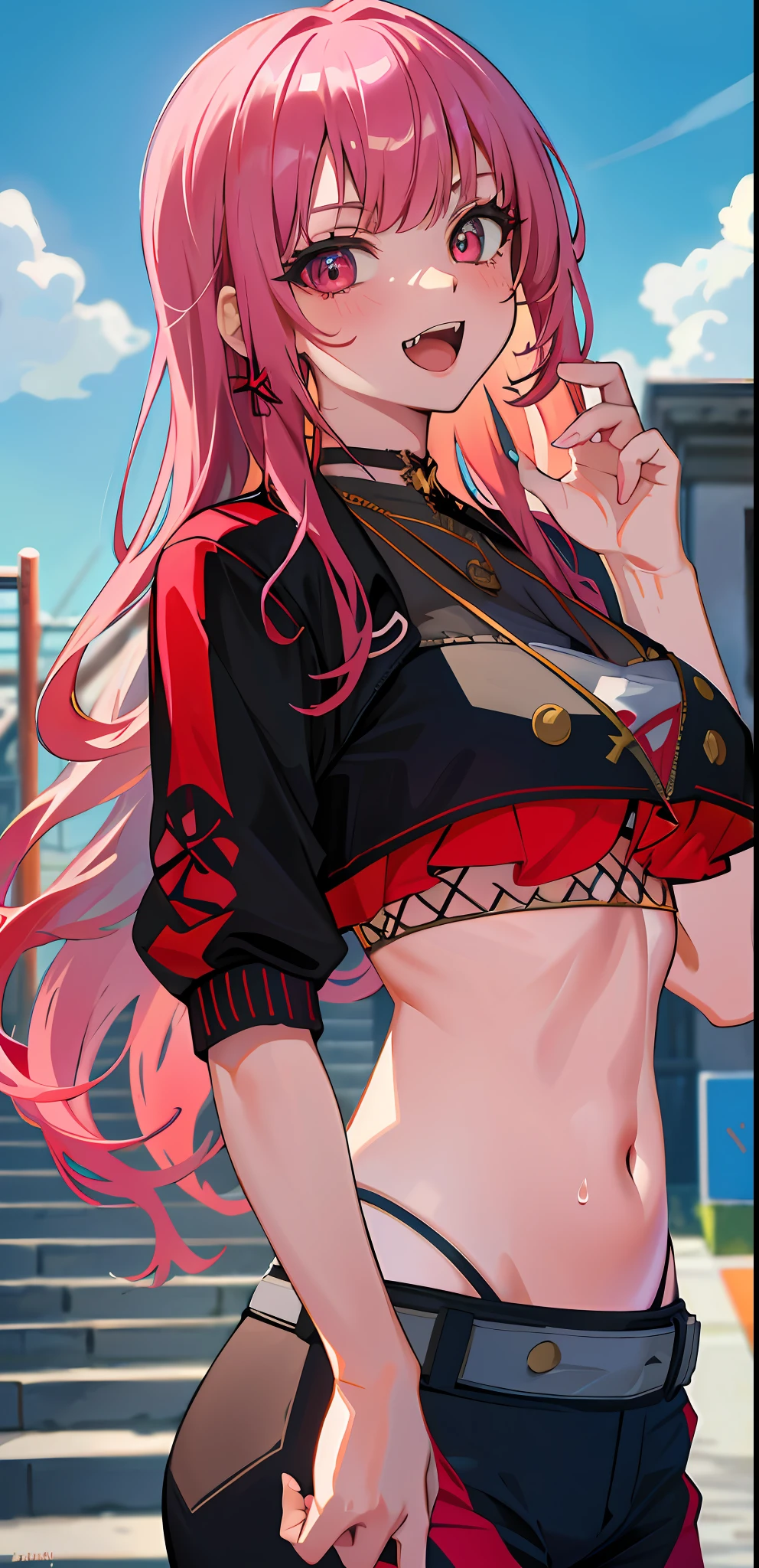 masterpiece, high quality, highres, absurdres, ultra-detailed, detailed eyes, 8k, ti-emb_kobo-kanaeru, 1girl, colorful eyes, fangs, open mouth, bangs, colorful background, looking at viewer, vibrant, contrast, red hair, red hair, gradient hair, happy, graffiti wall background, water splash, close up, callirapper, upper body, smile, blush, outdoors, day, simple background, blue sky, sky, temple, looking at viewer, stairs, mountain, moody lighting, facing viewer,, huge breast, bikini, earrings