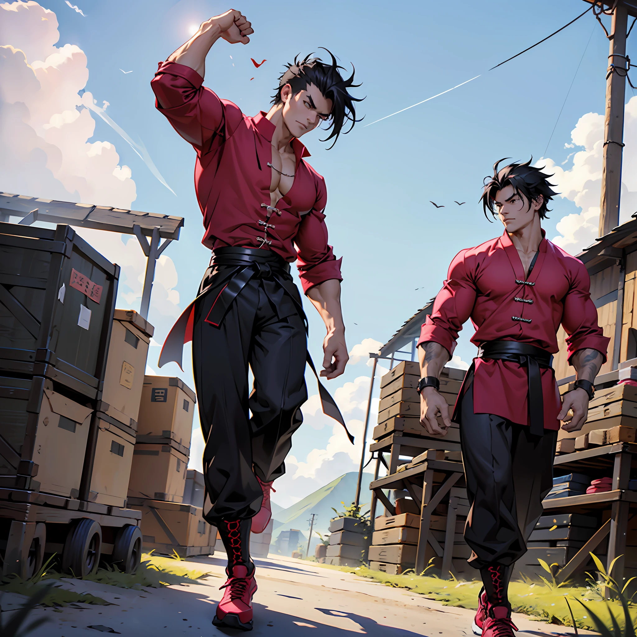 Muscular man, defined body, developed body, kung fu fighter, red blouse with buttons, long black pants of black color, black belt at the waist, spiky hair, short black colored hair (hair with pink locks at the ends), fighter's shoes, serious look, coming out of the hay bale warehouse, medieval kingdom setting, alone, walking on his back.
