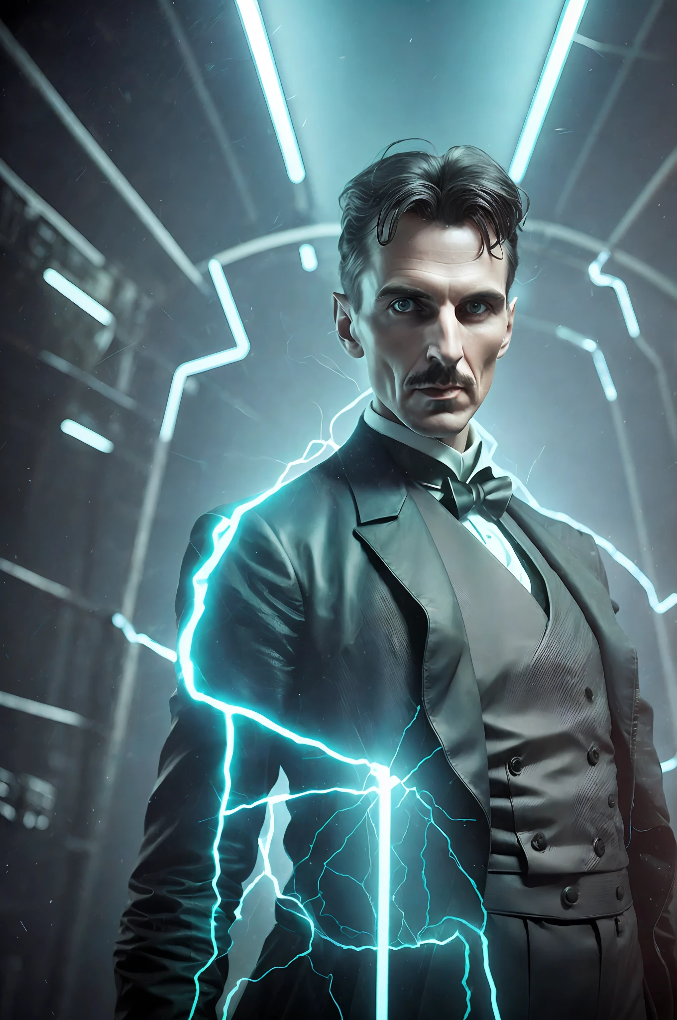 Portrait of an award-winning photo of Nikola Tesla posing in a dark studio, (rim lighting,: 1.4) two-tone lighting, sharp focus, teal hue, octane, unreal, dimly lit, low key,