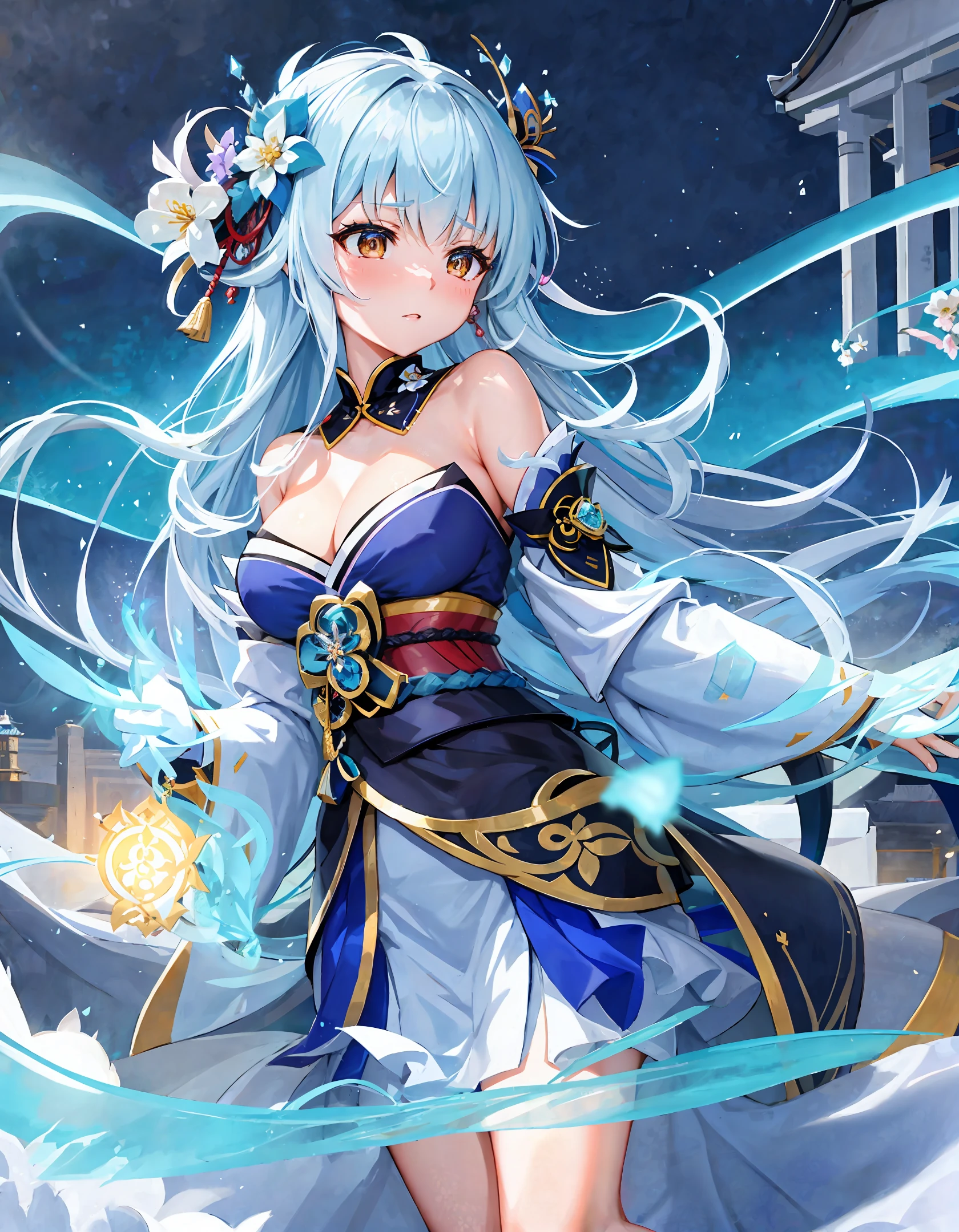 Kamisato Ayaka, the ethereal beauty of Inazuma, graces the serene landscape, her presence like a delicate flower blooming in a tranquil garden. With grace and elegance, she sits upon the lush green grass, emanating an aura of nobility and determination. As the heiress of the Kamisato Clan, her icy blue kimono and intricate hair ornaments reflect her heritage and status. Behind her serene visage lies a fierce and dedicated warrior, ready to defend her beloved city. With her cryo abilities and swift swordsmanship, she embodies both grace and power. Ayaka, the embodiment of elegance and strength in the world of Genshin Impact